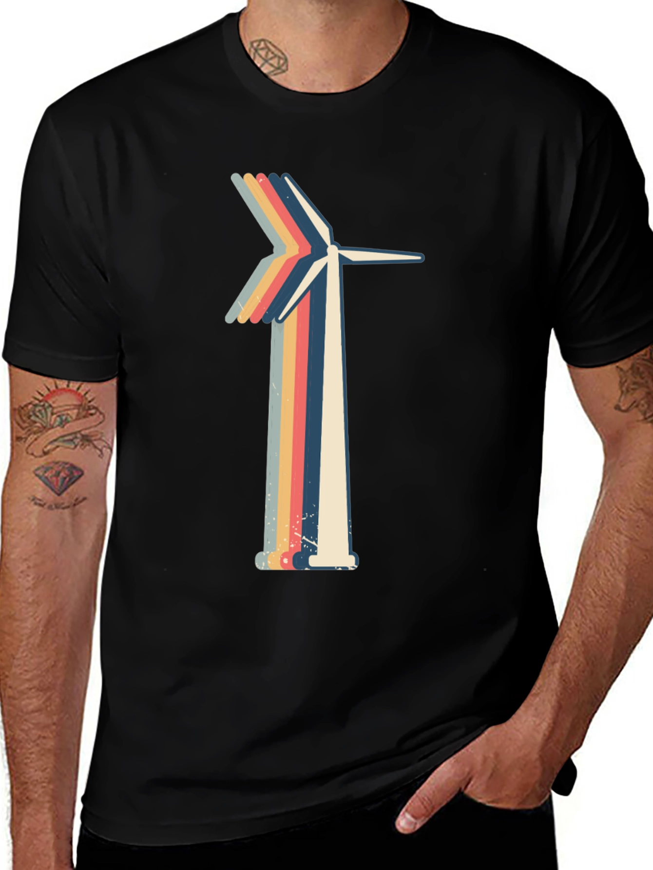 Retro Wind Turbine Graphic Tee - Black
