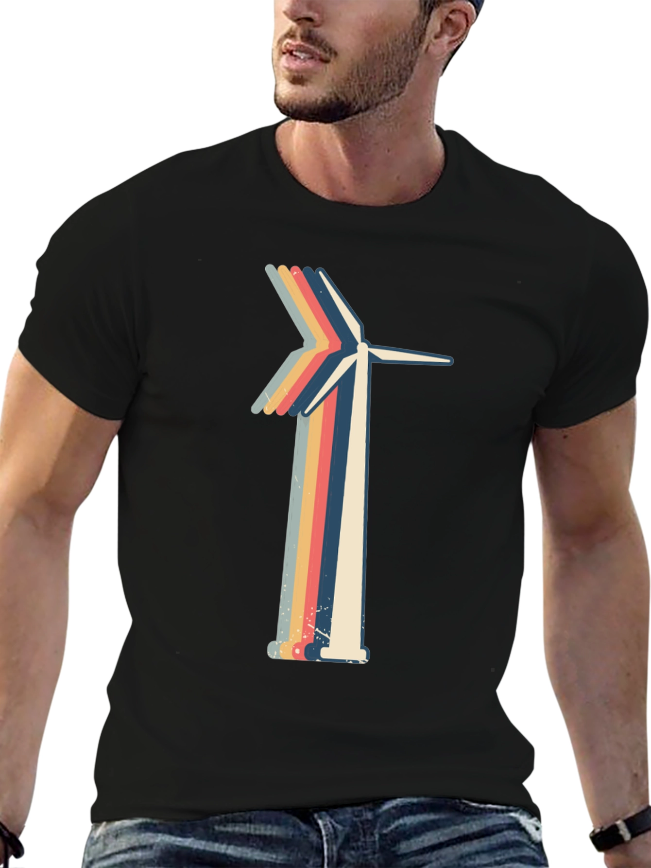Retro Wind Turbine Graphic Tee - Black
