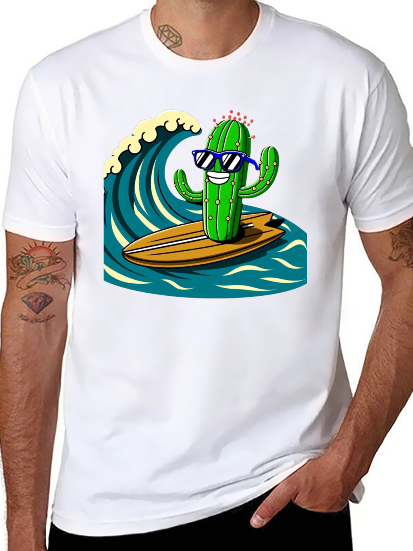 Surfing Cactus Graphic Tee - Mens Black T-Shirt