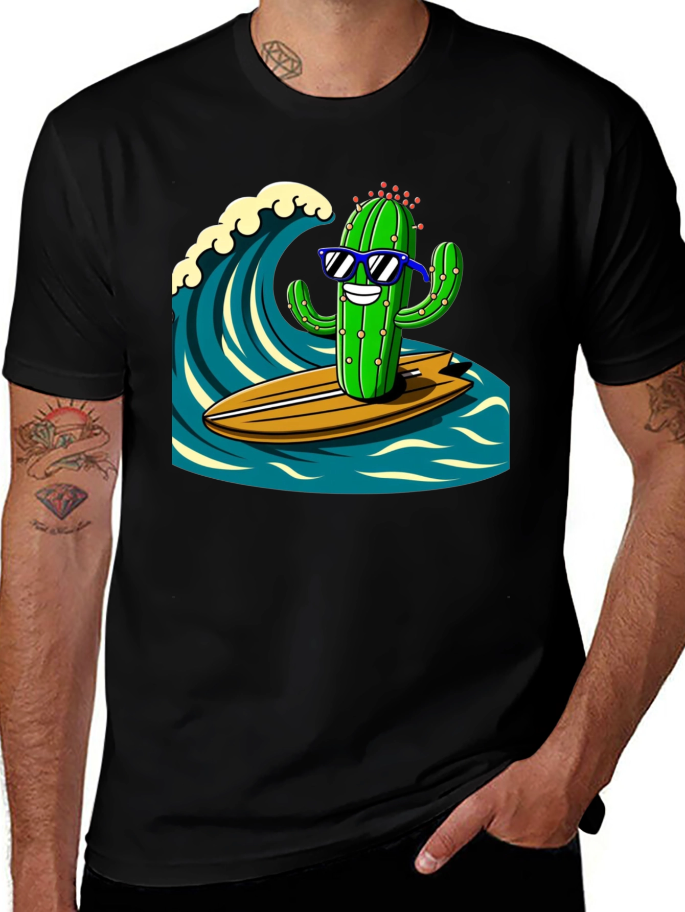 Surfing Cactus Graphic Tee - Mens Black T-Shirt