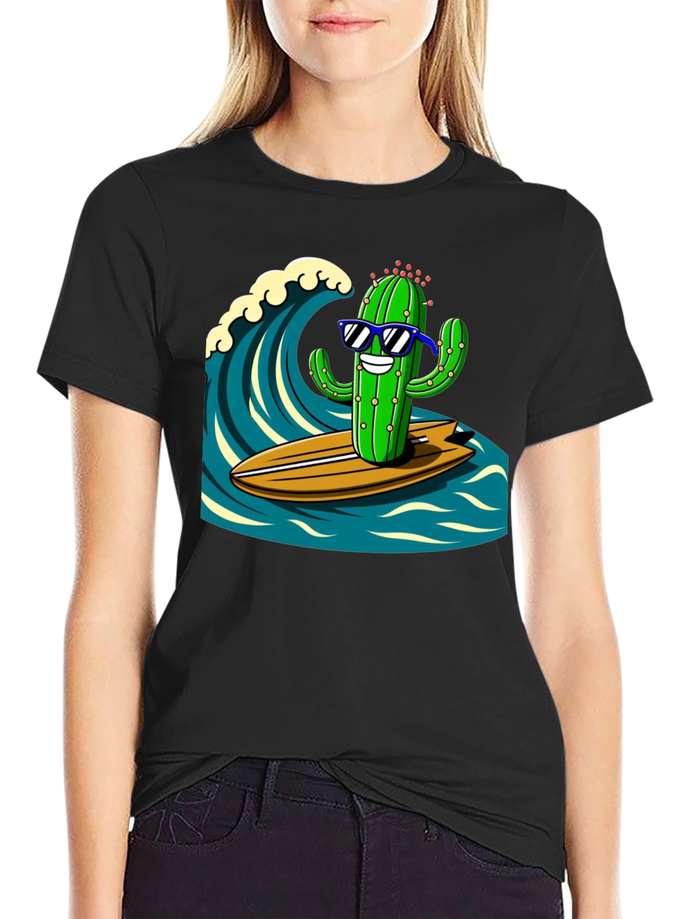 Surfing Cactus Graphic Tee - Mens Black T-Shirt