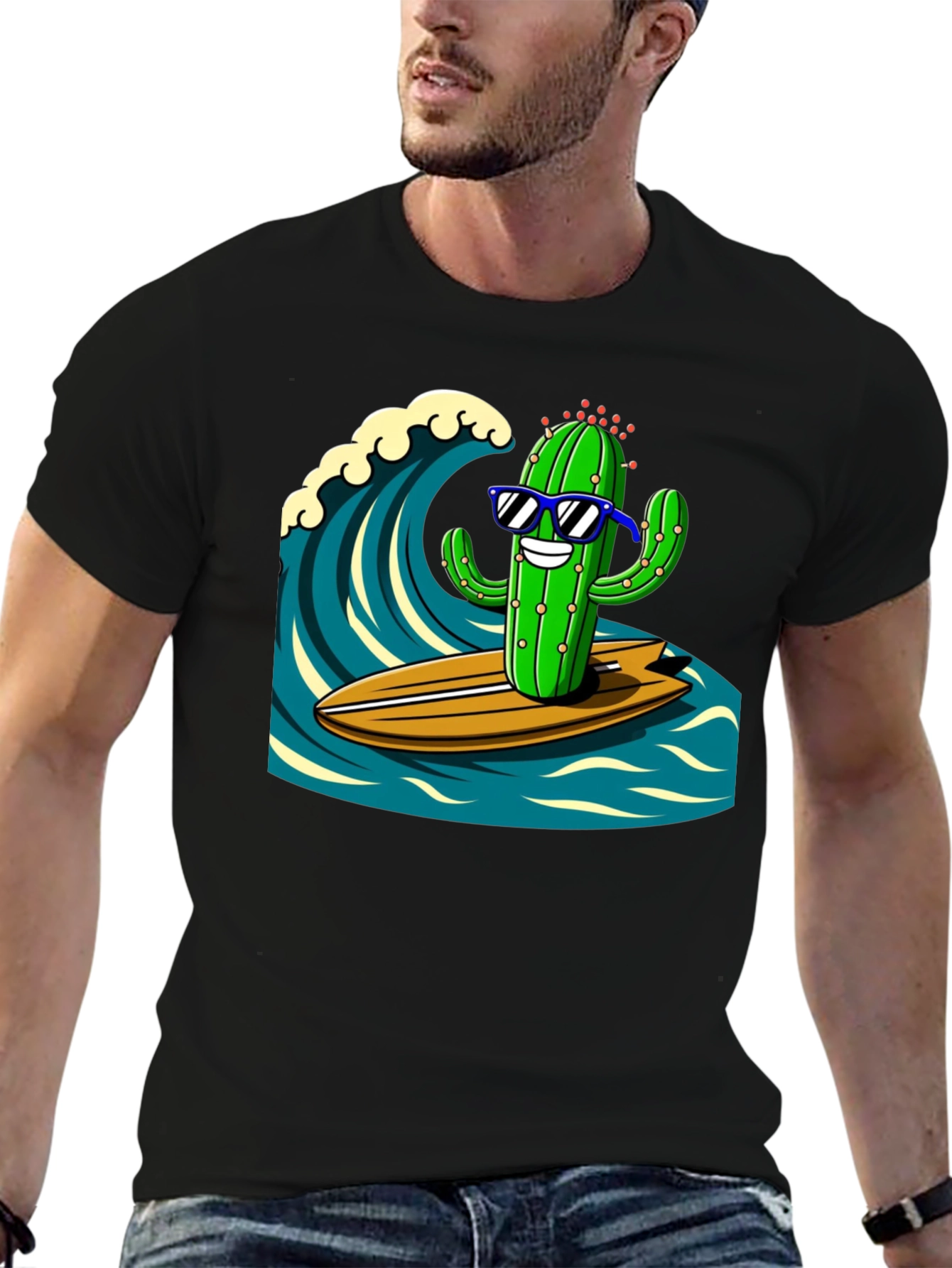 Surfing Cactus Graphic Tee - Mens Black T-Shirt