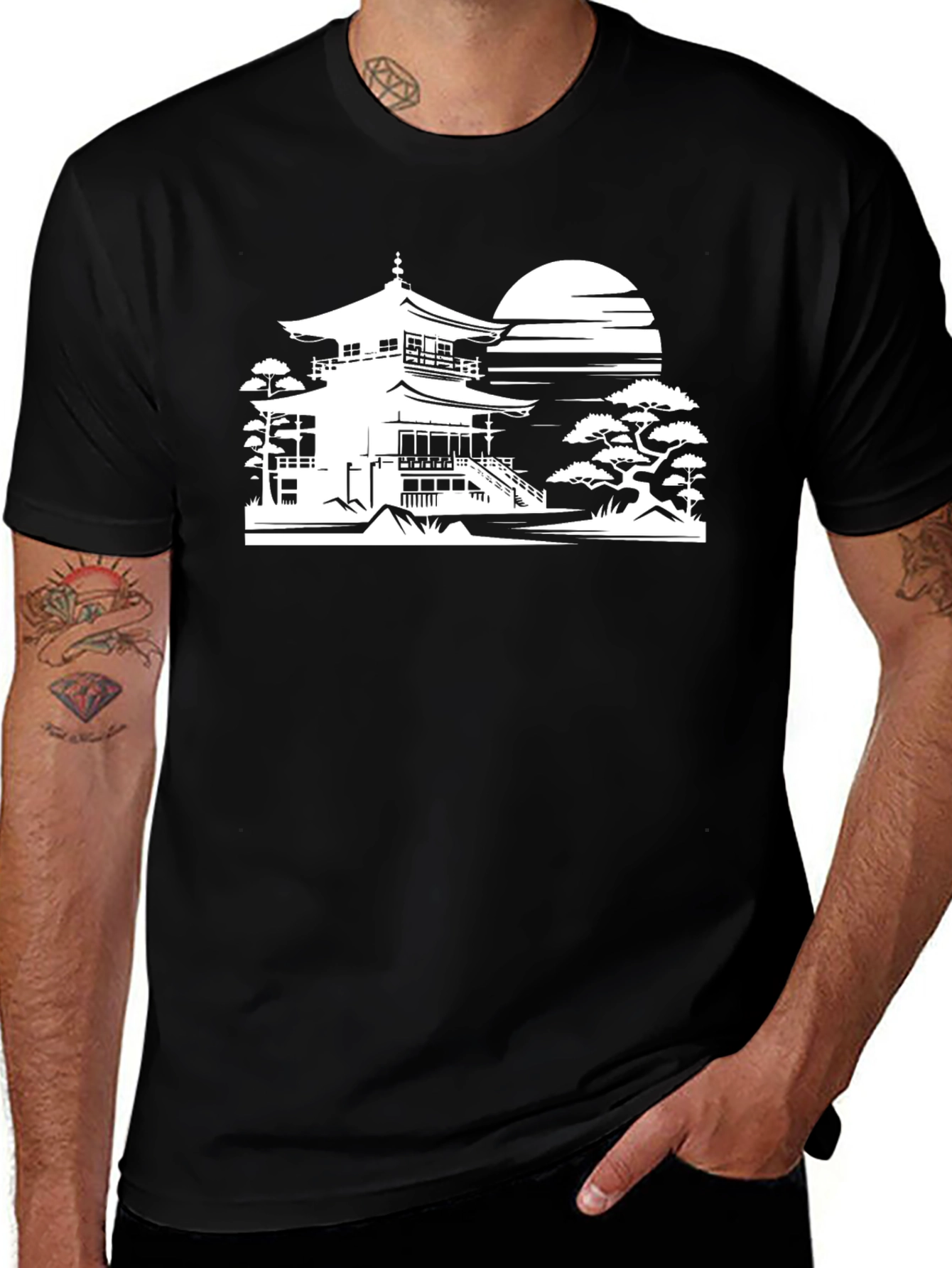 Zen Temple T-Shirt - Black Artistic Design