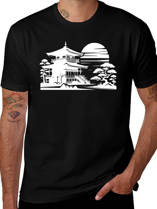 Zen Temple T-Shirt - Black Artistic Design