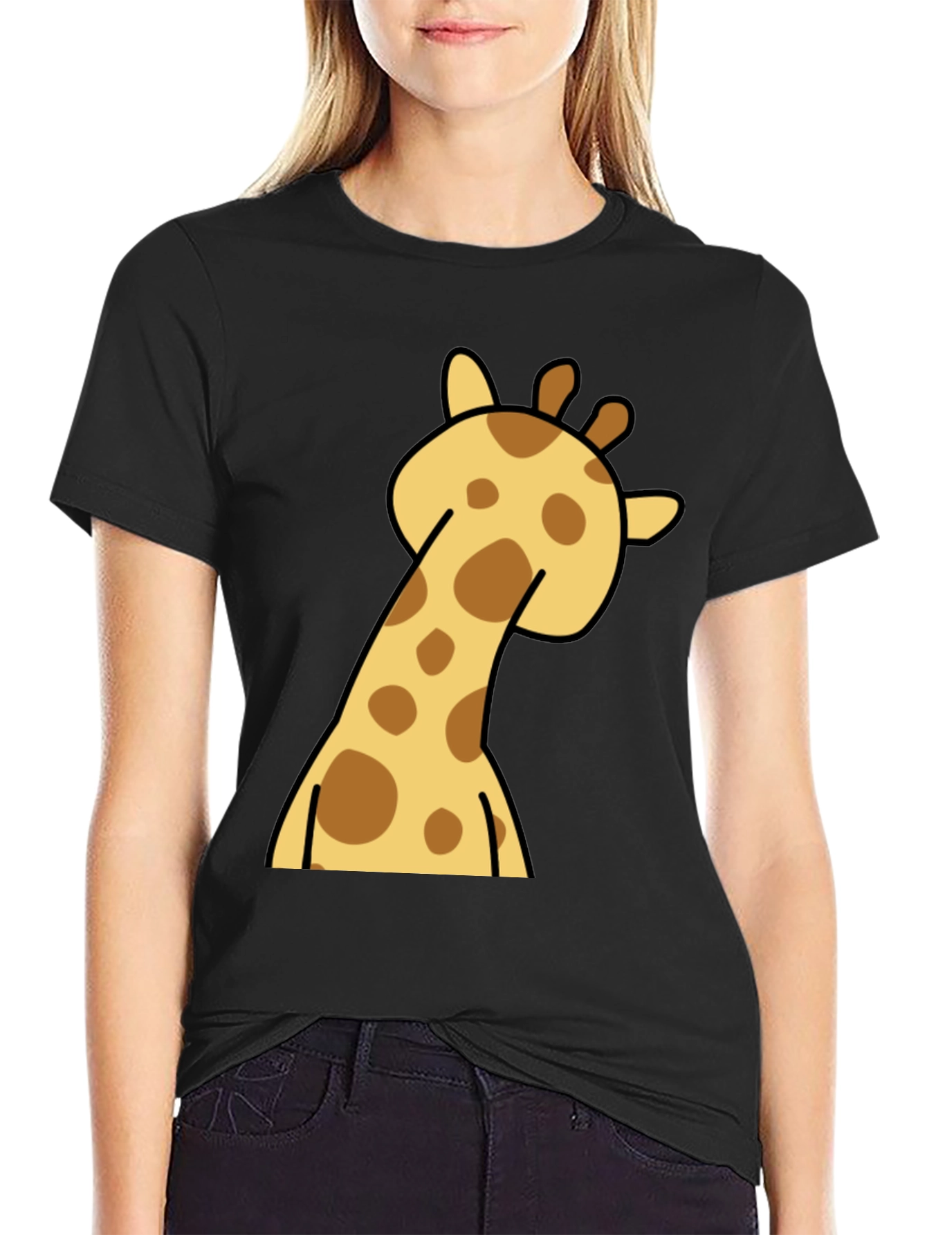 Giraffe Cartoon Graphic Tee - Black