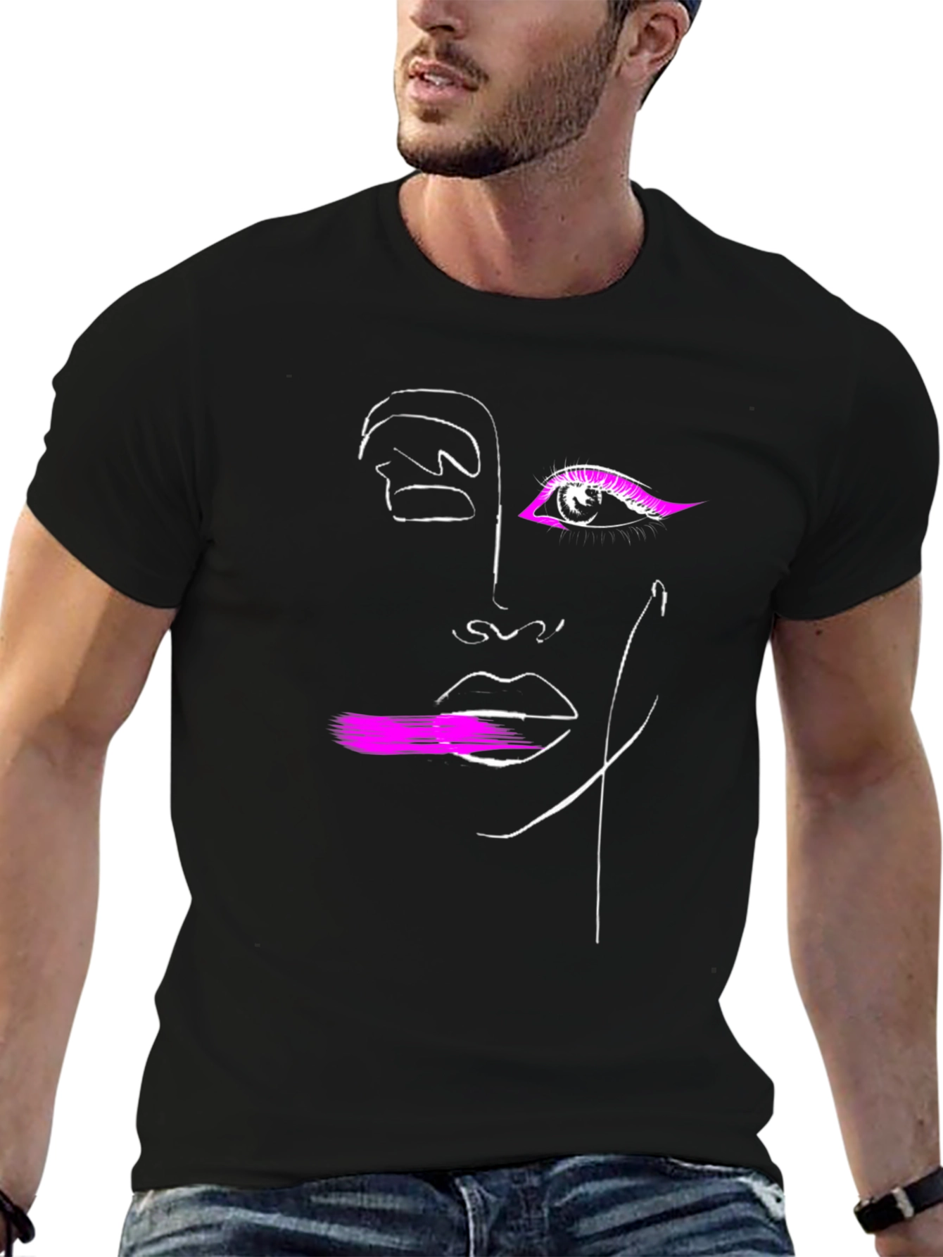 Abstract Face Graphic Tee - Black Cotton T-Shirt