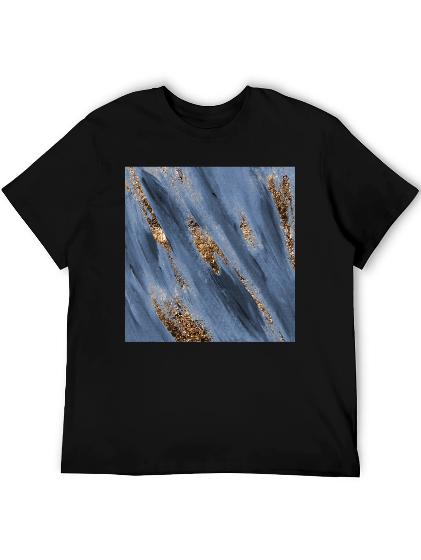 Modern Art Blue & Gold Brushstroke Print Black T-Shirt