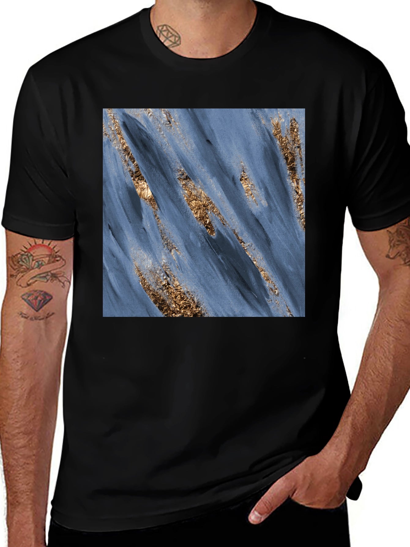 Modern Art Blue & Gold Brushstroke Print Black T-Shirt
