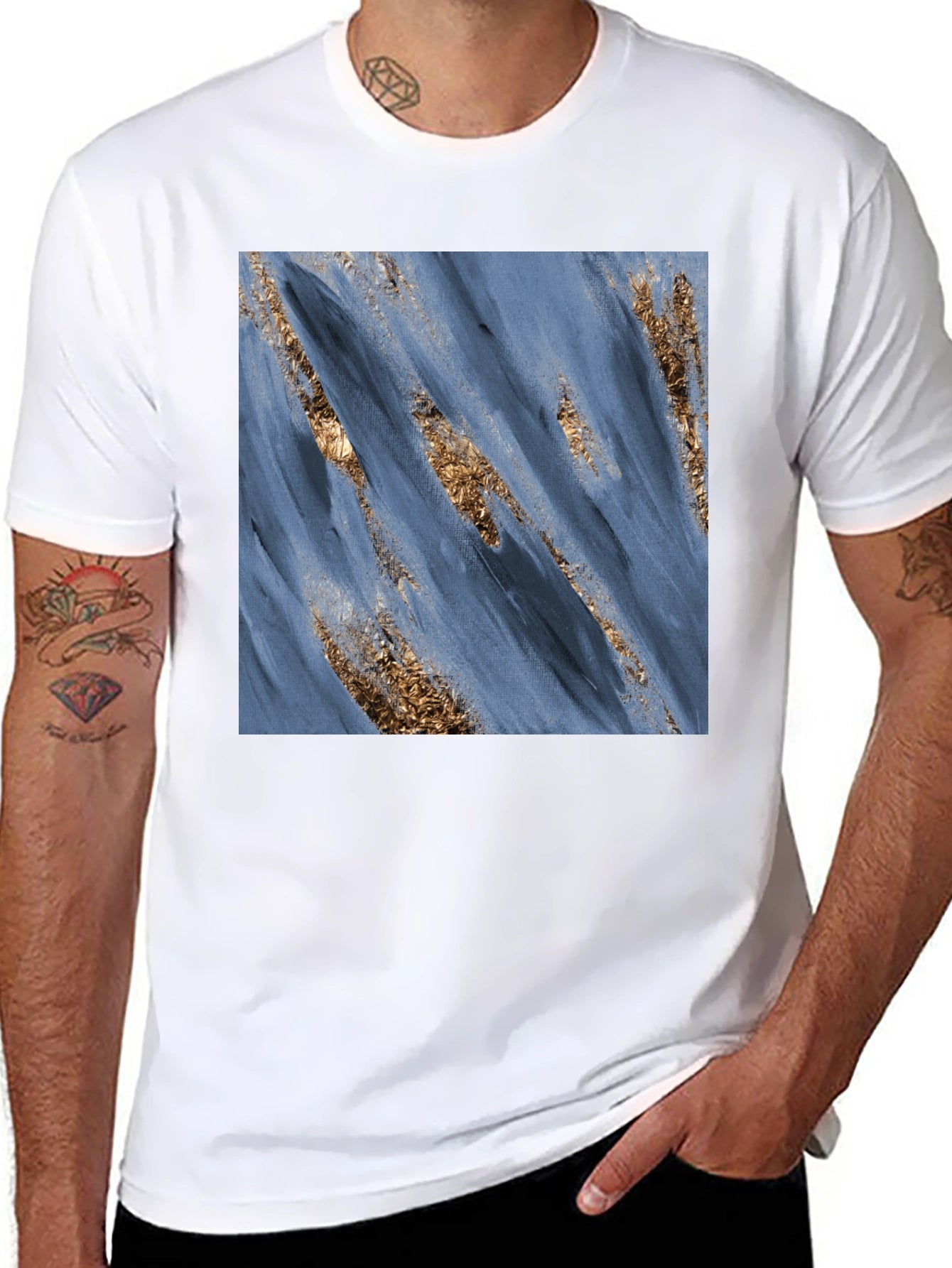 Modern Art Blue & Gold Brushstroke Print Black T-Shirt