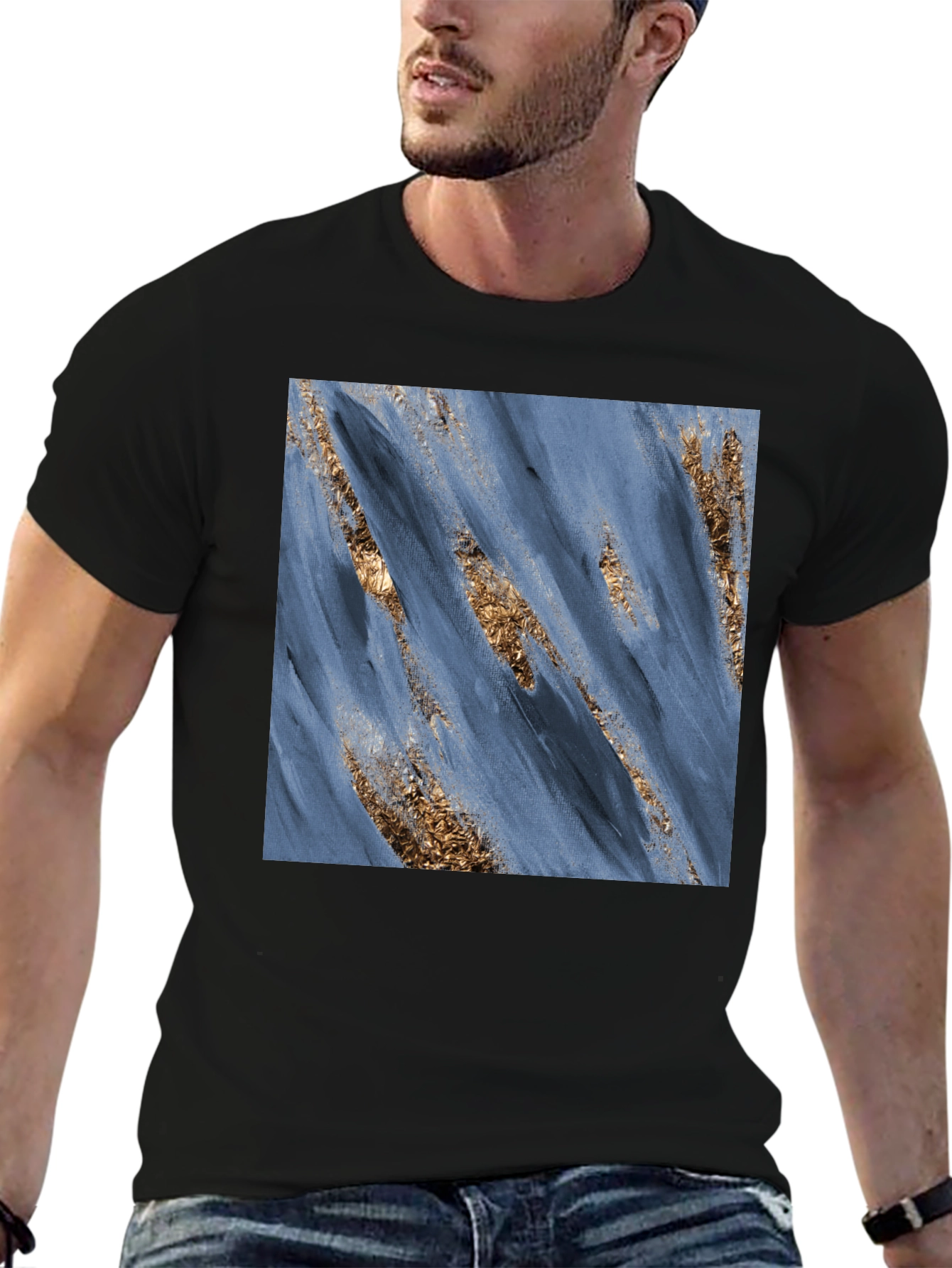 Modern Art Blue & Gold Brushstroke Print Black T-Shirt