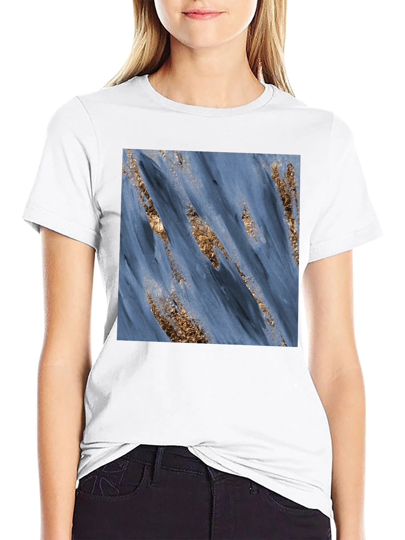 Modern Art Blue & Gold Brushstroke Print Black T-Shirt