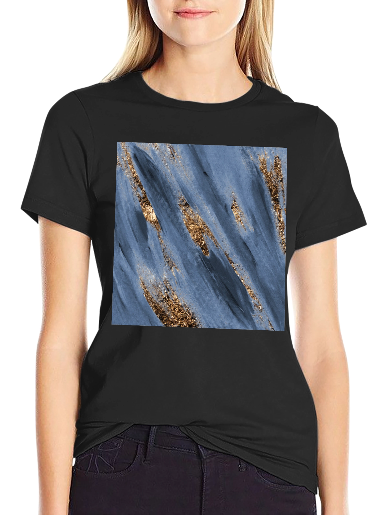 Modern Art Blue & Gold Brushstroke Print Black T-Shirt