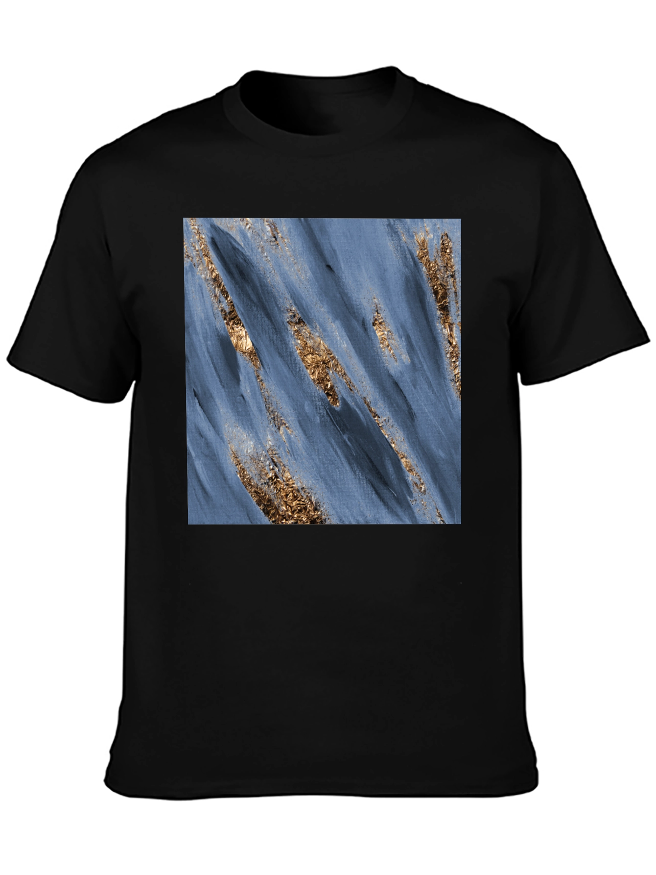 Modern Art Blue & Gold Brushstroke Print Black T-Shirt