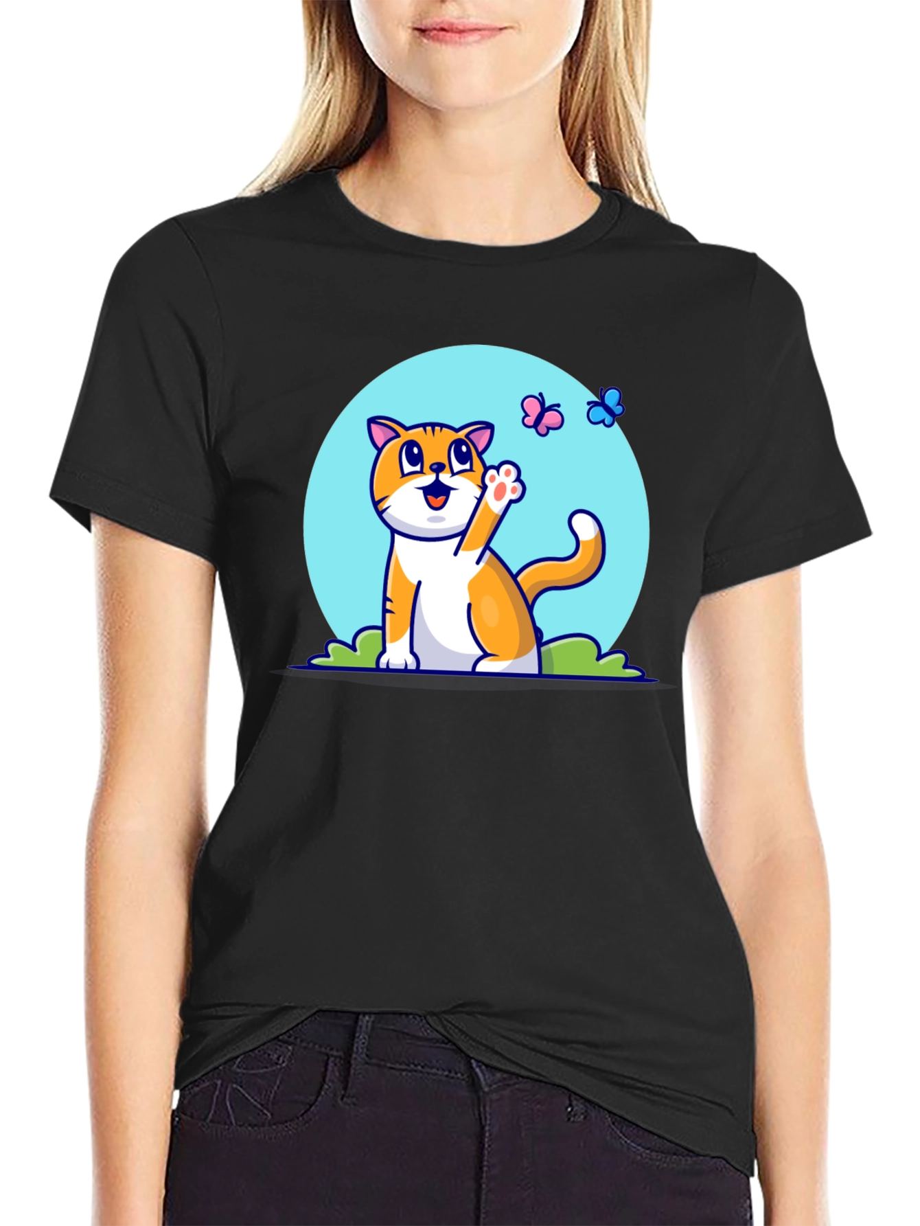 Cute Cat & Butterfly Graphic Tee - Black T-Shirt