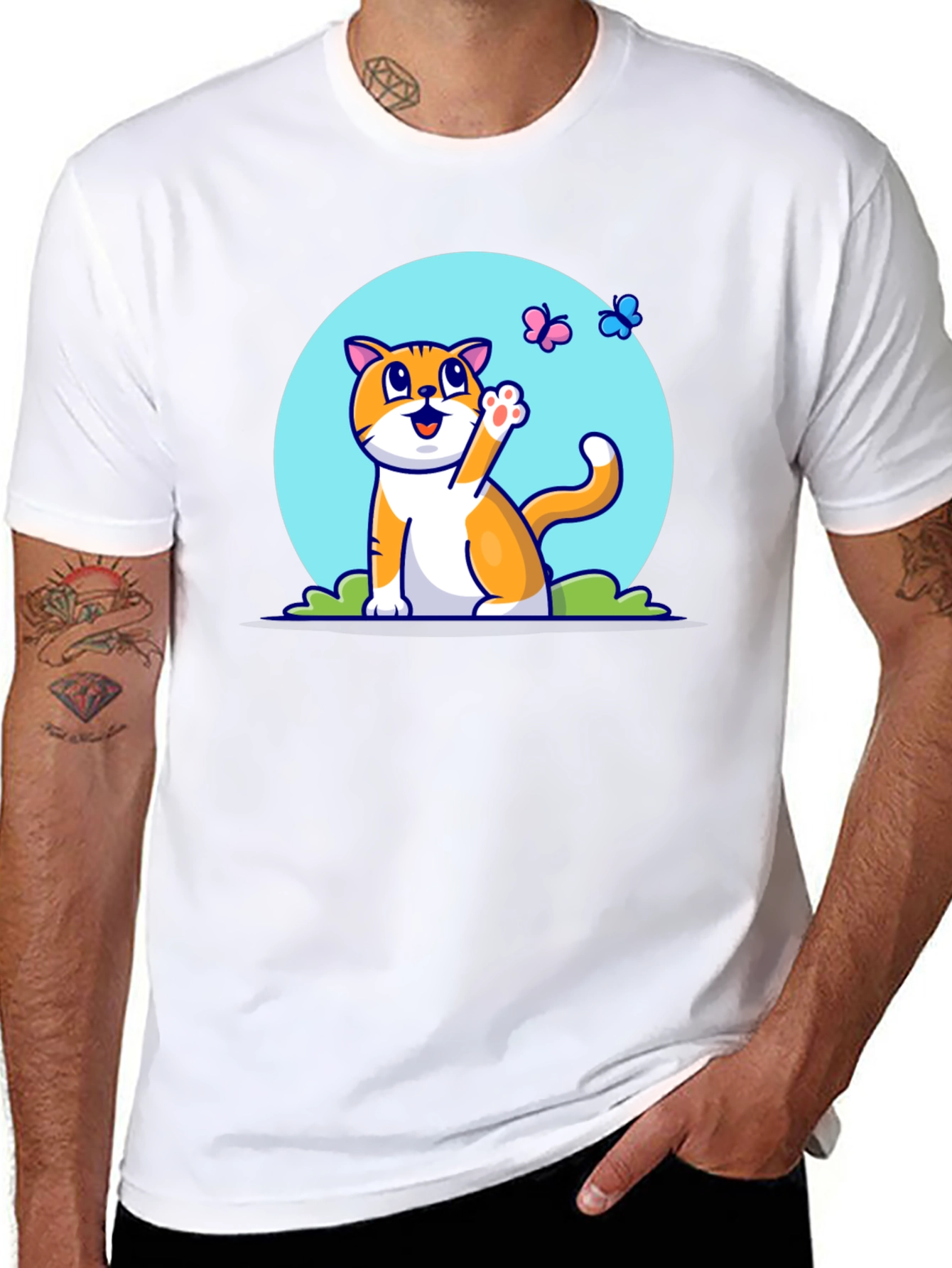 Cute Cat & Butterfly Graphic Tee - Black T-Shirt
