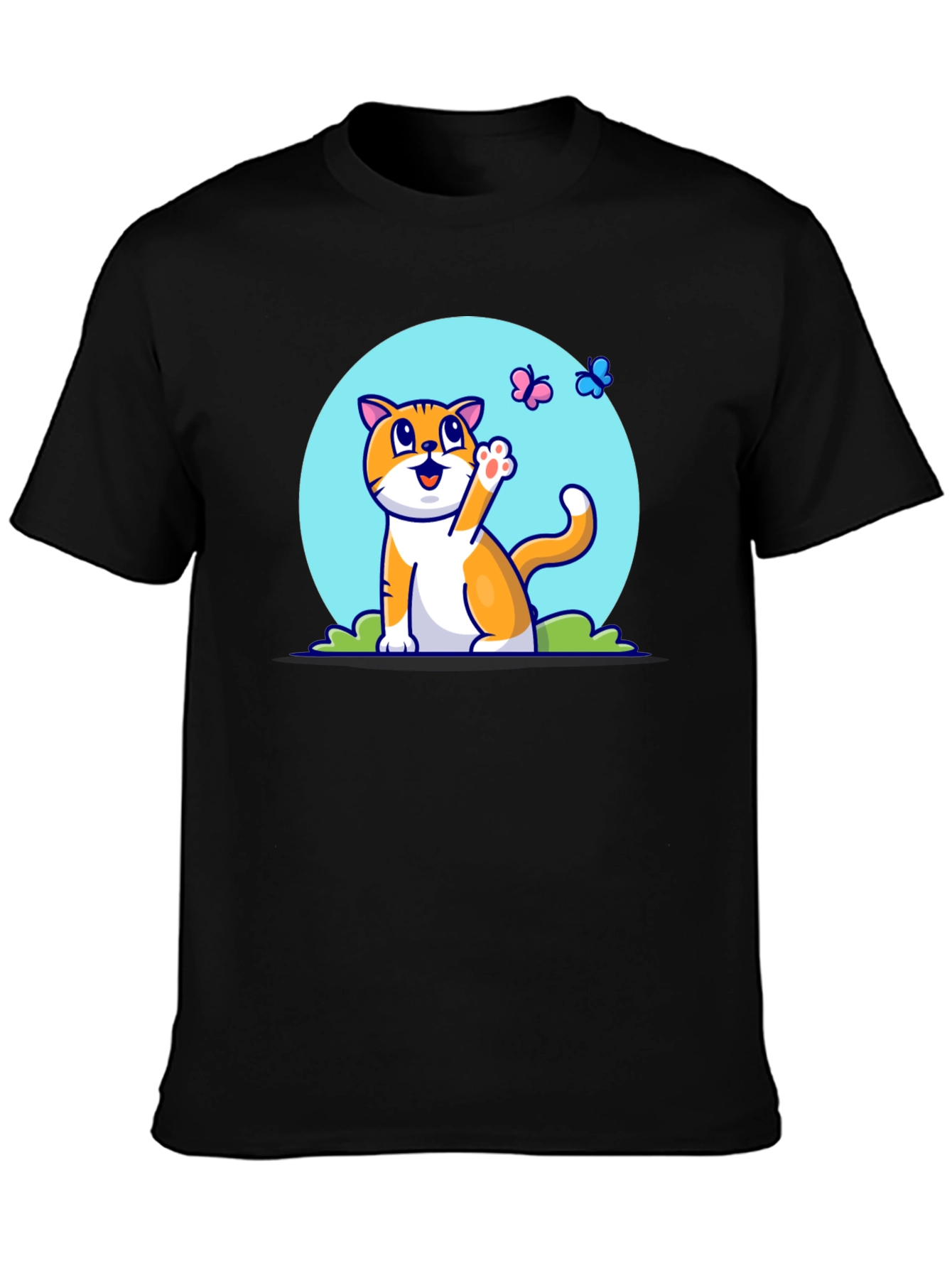 Cute Cat & Butterfly Graphic Tee - Black T-Shirt