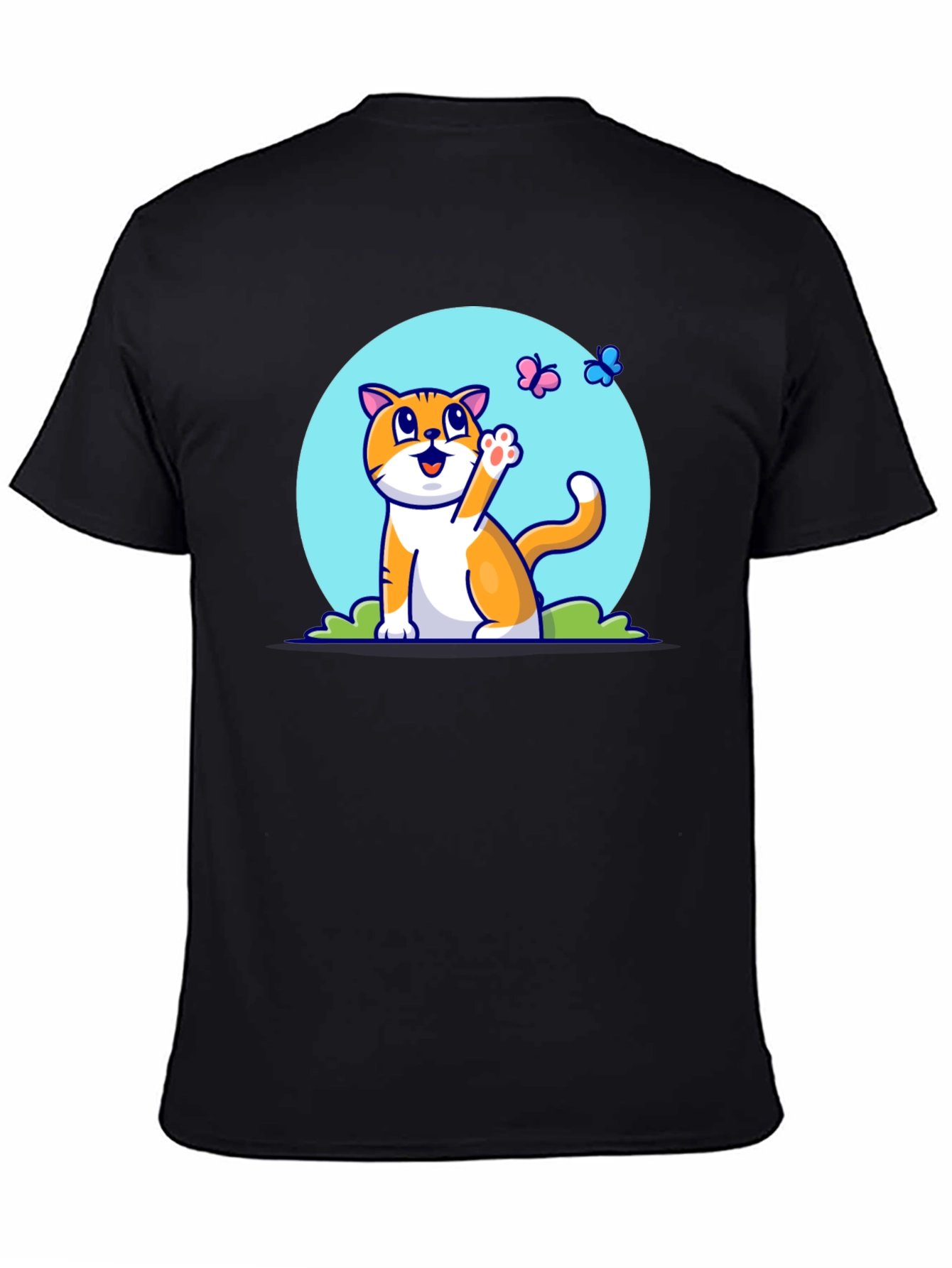 Cute Cat & Butterfly Graphic Tee - Black T-Shirt