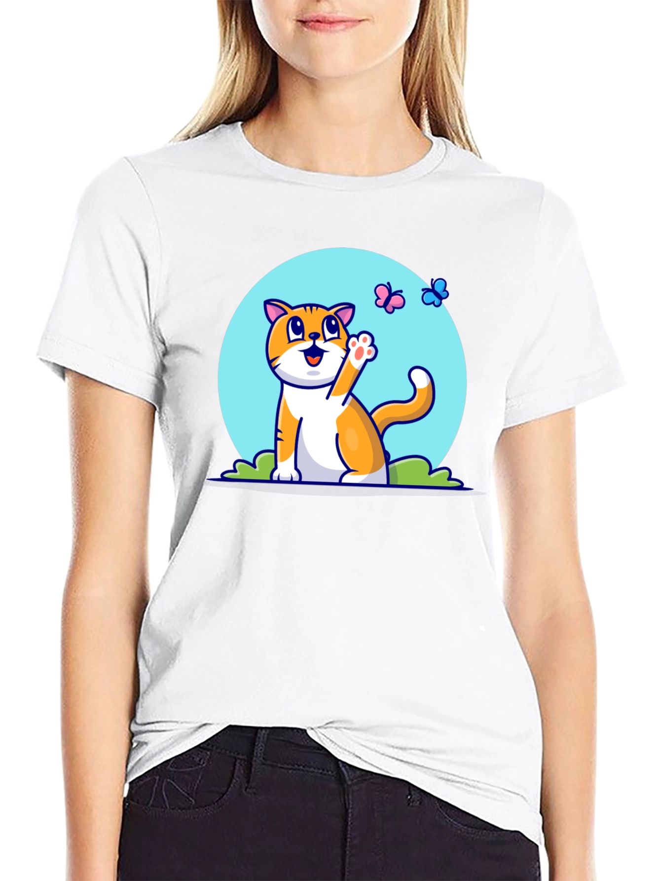 Cute Cat & Butterfly Graphic Tee - Black T-Shirt