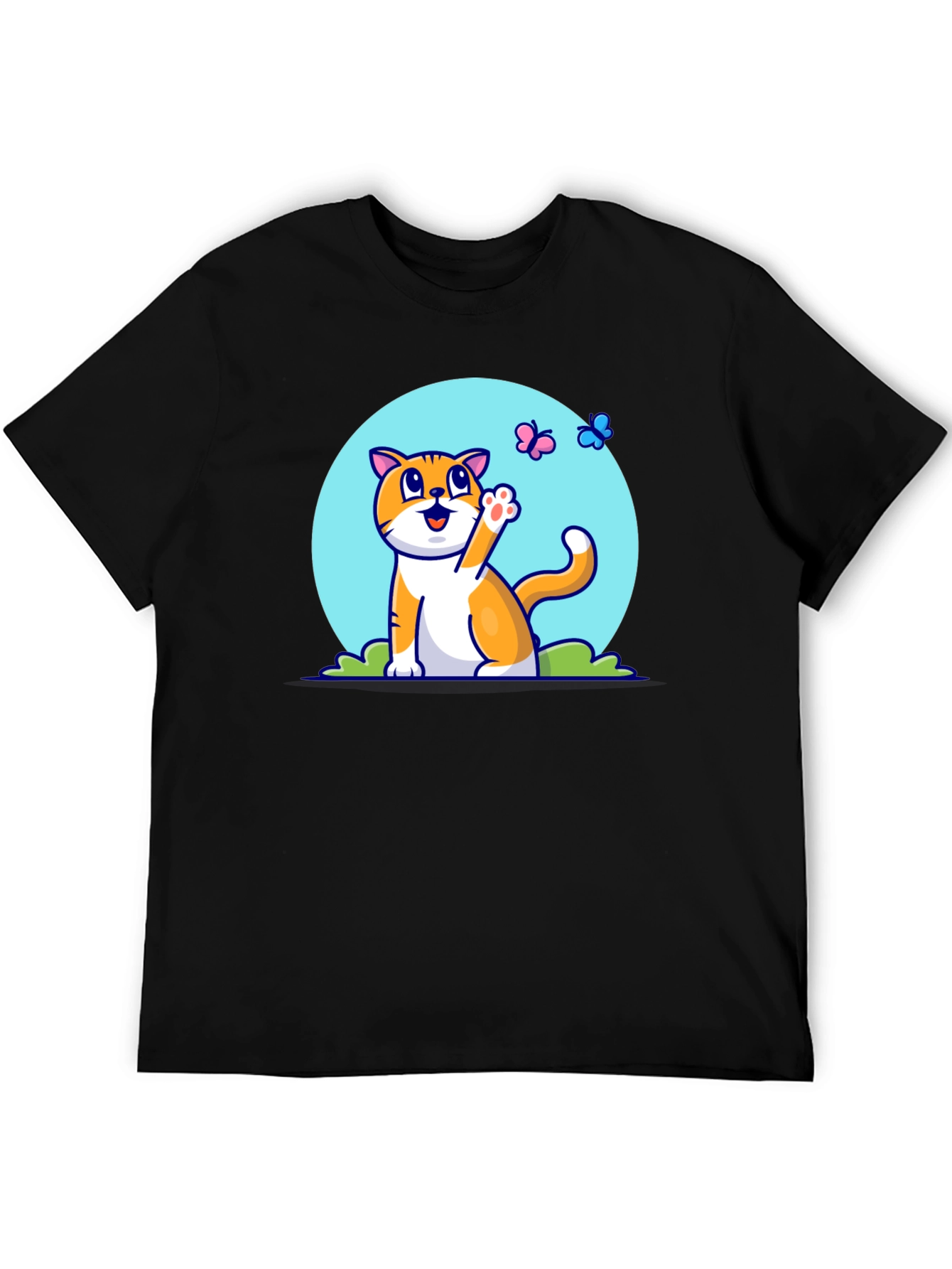 Cute Cat & Butterfly Graphic Tee - Black T-Shirt