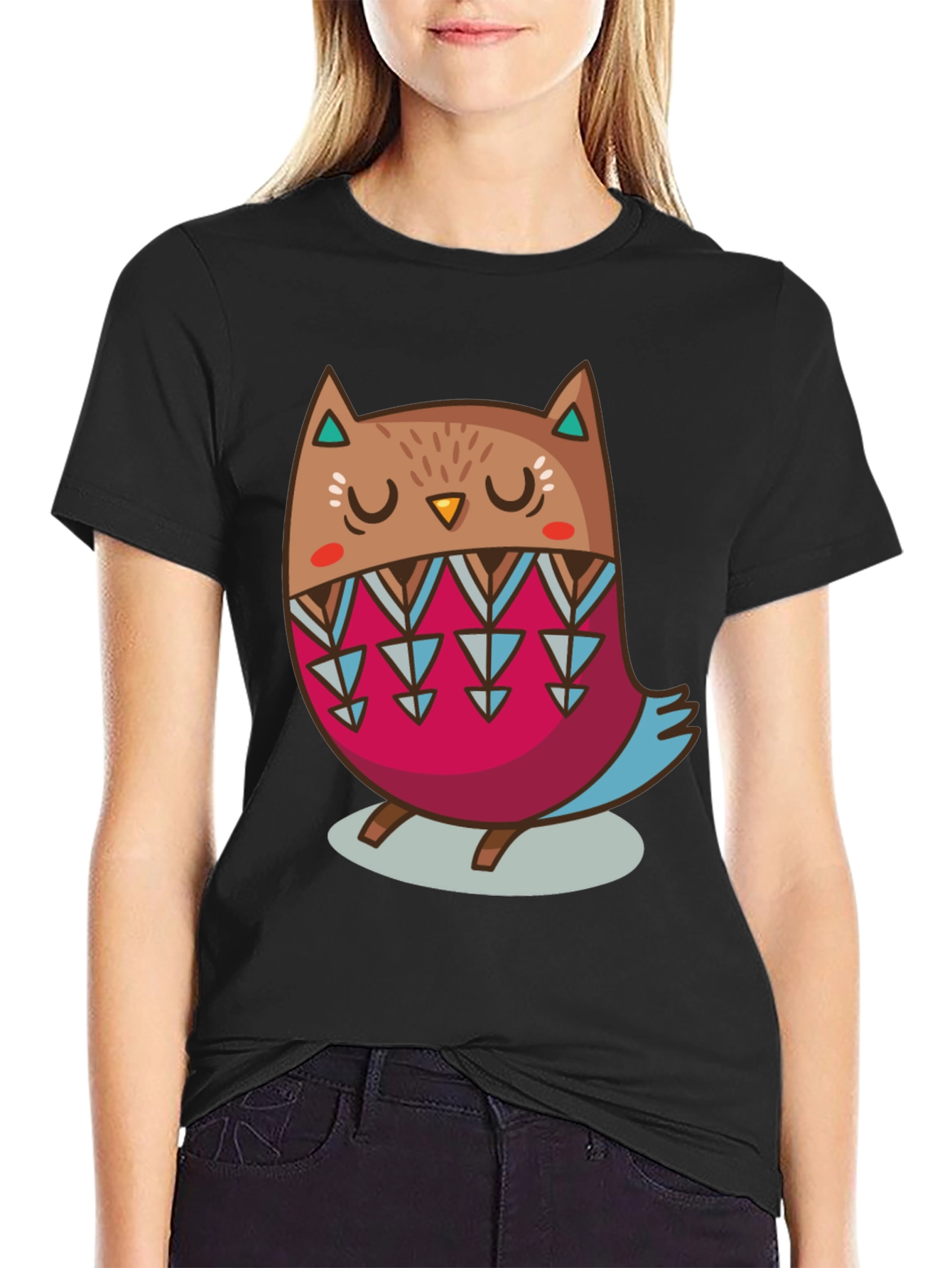 Cute Cartoon Owl Graphic Print Black T-Shirt