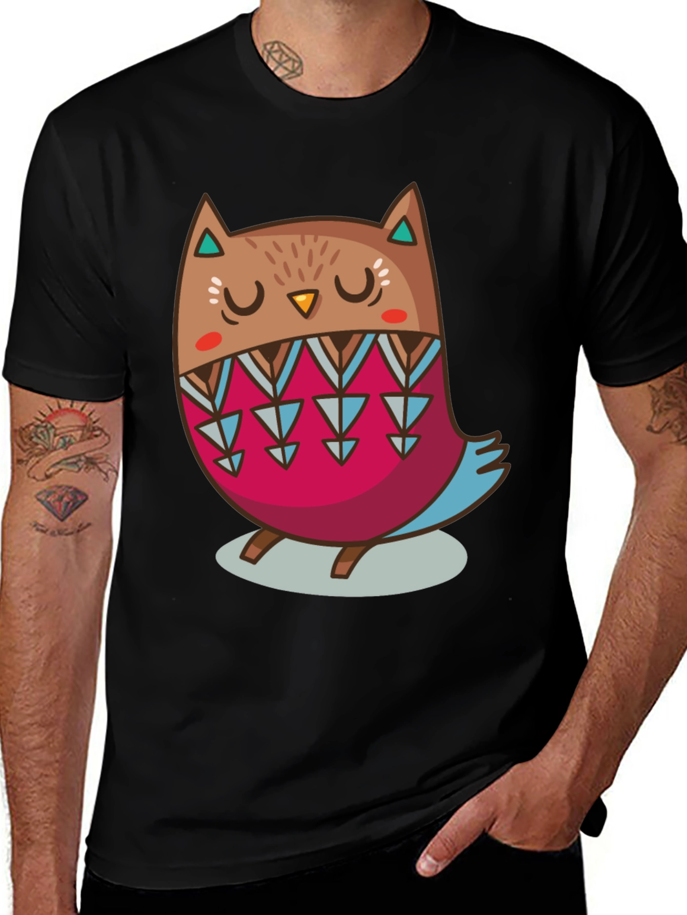 Cute Cartoon Owl Graphic Print Black T-Shirt