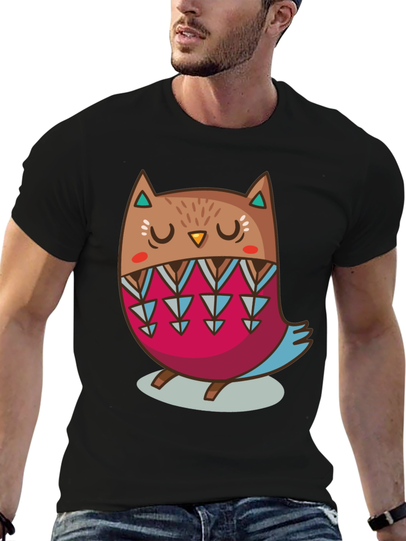 Cute Cartoon Owl Graphic Print Black T-Shirt