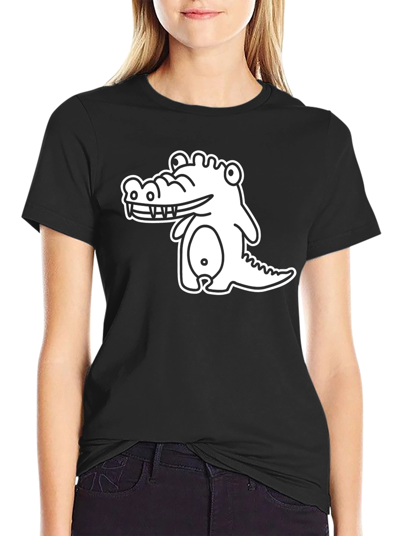 Cartoon Crocodile Graphic Black T-Shirt