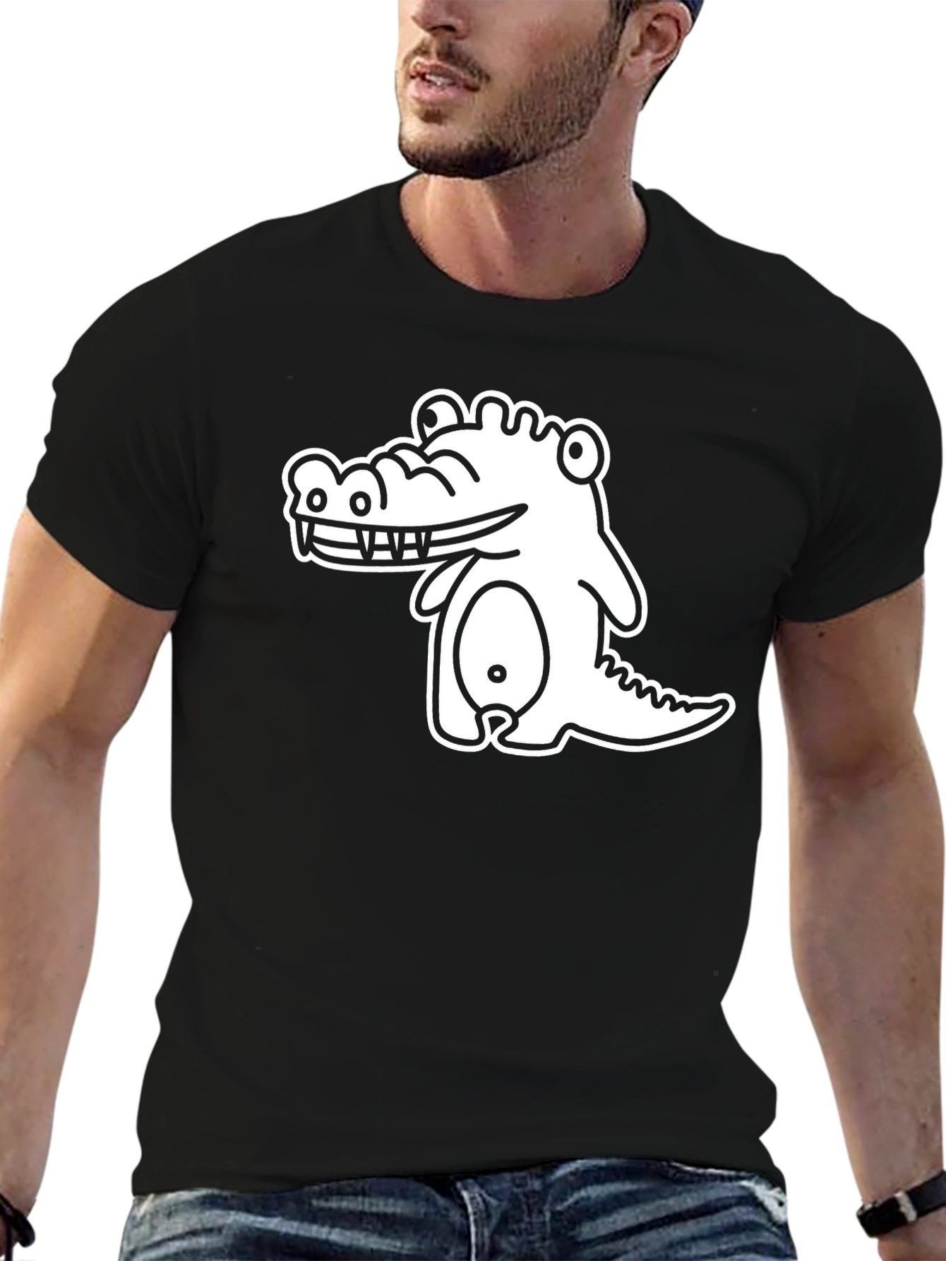 Cartoon Crocodile Graphic Black T-Shirt