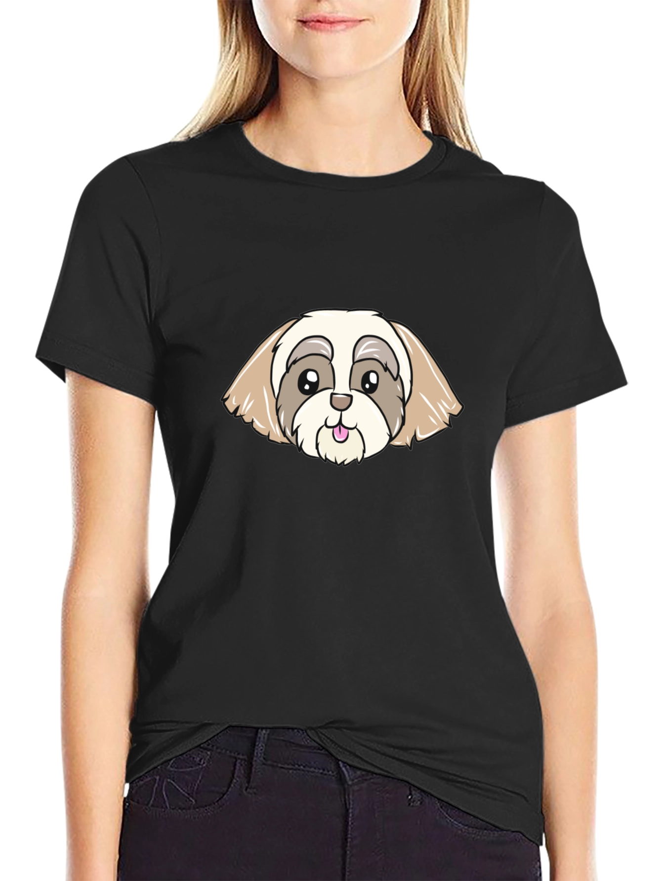 Cute Cartoon Dog Graphic Black T-Shirt