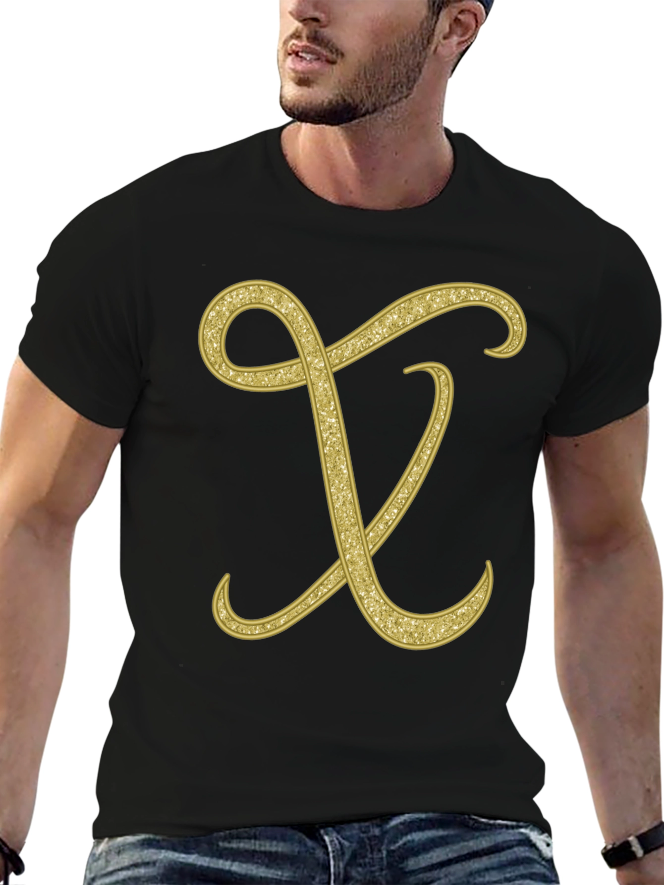 Elegant Initial X Glitter Print Black T-Shirt