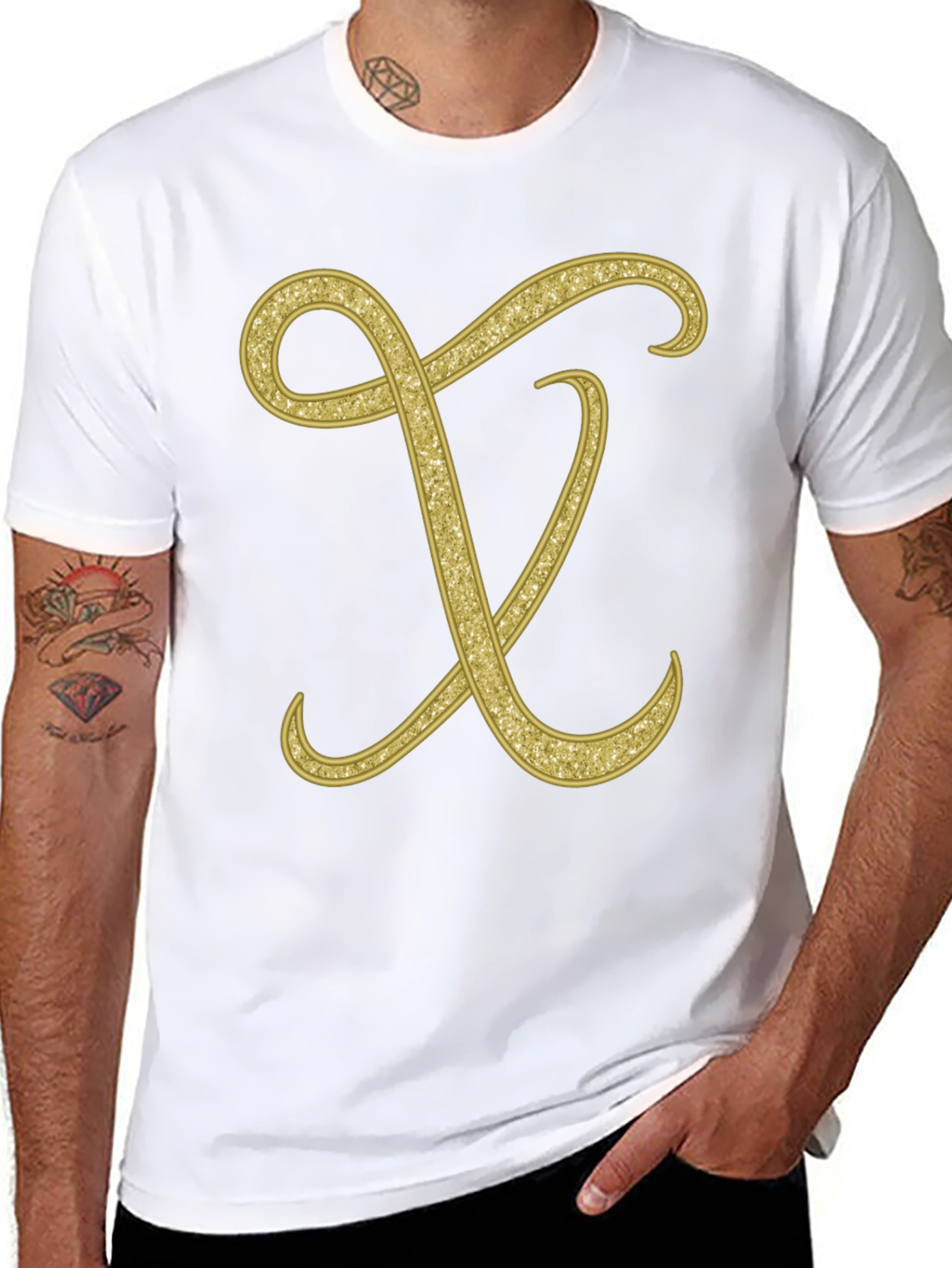 Elegant Initial X Glitter Print Black T-Shirt