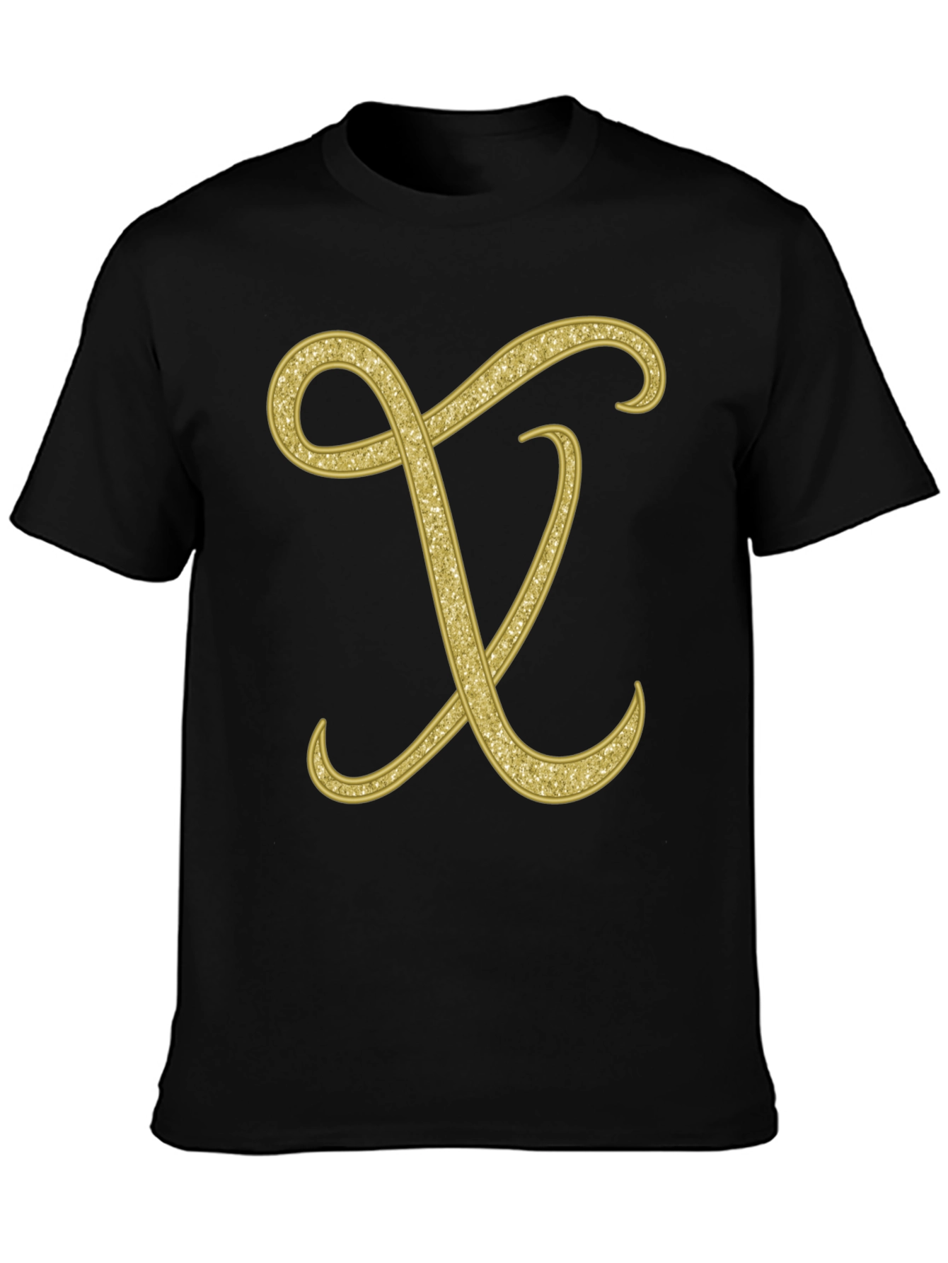 Elegant Initial X Glitter Print Black T-Shirt