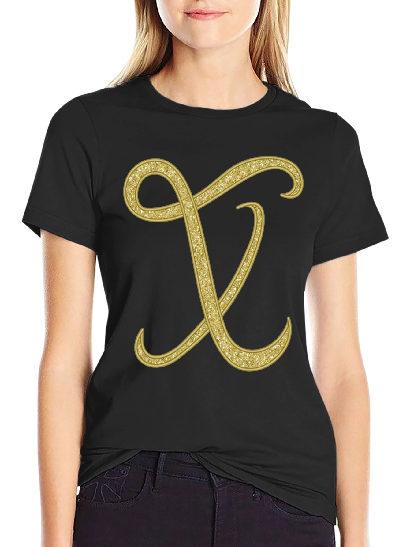 Elegant Initial X Glitter Print Black T-Shirt