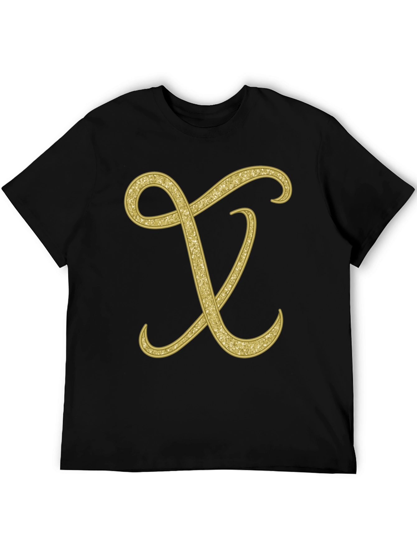 Elegant Initial X Glitter Print Black T-Shirt
