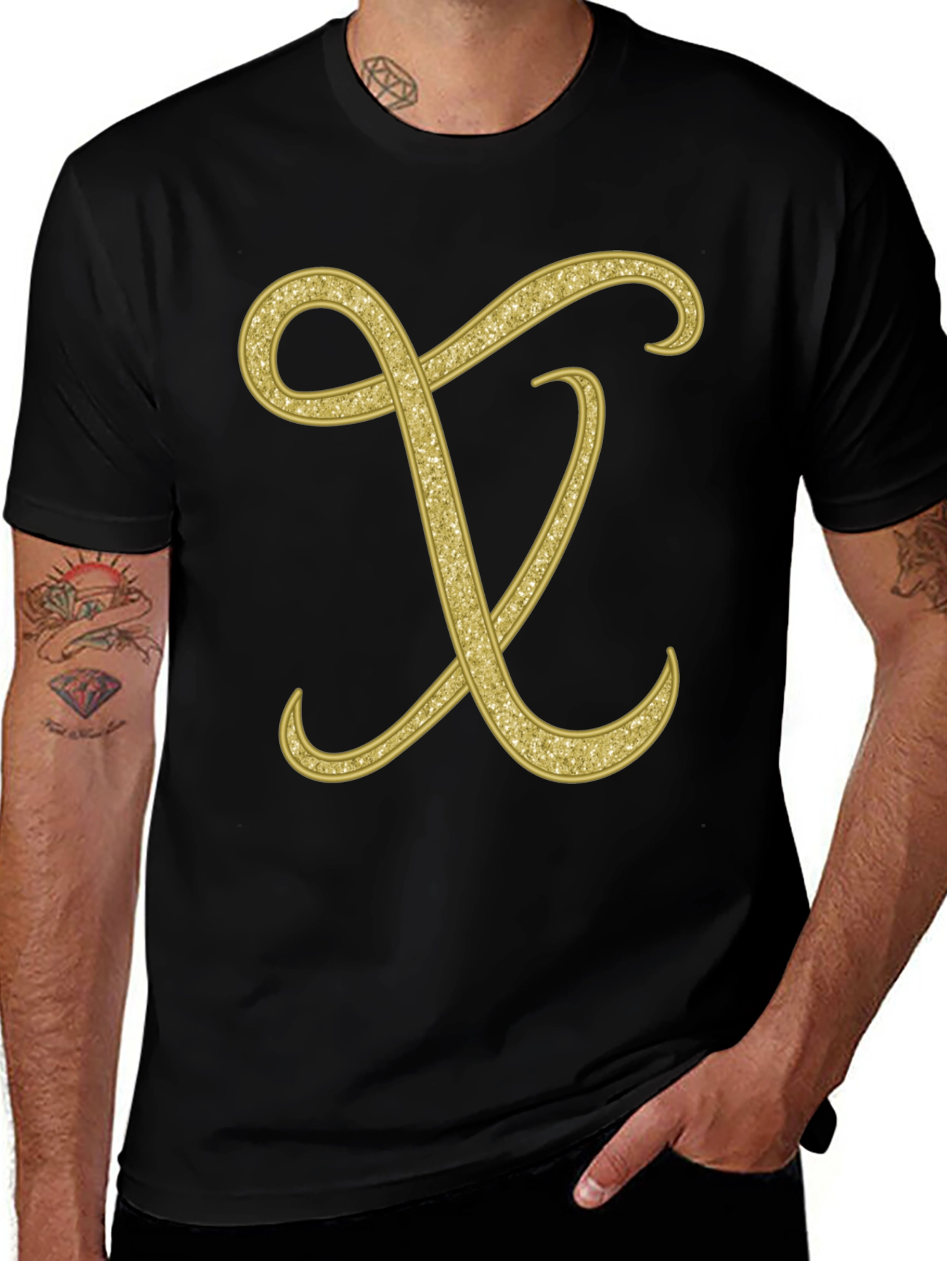 Elegant Initial X Glitter Print Black T-Shirt