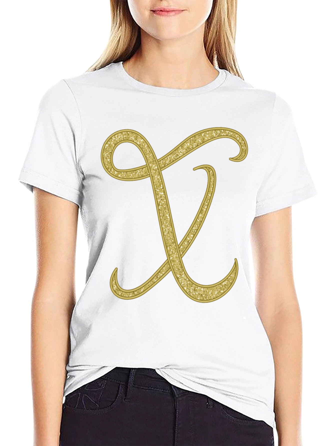 Elegant Initial X Glitter Print Black T-Shirt