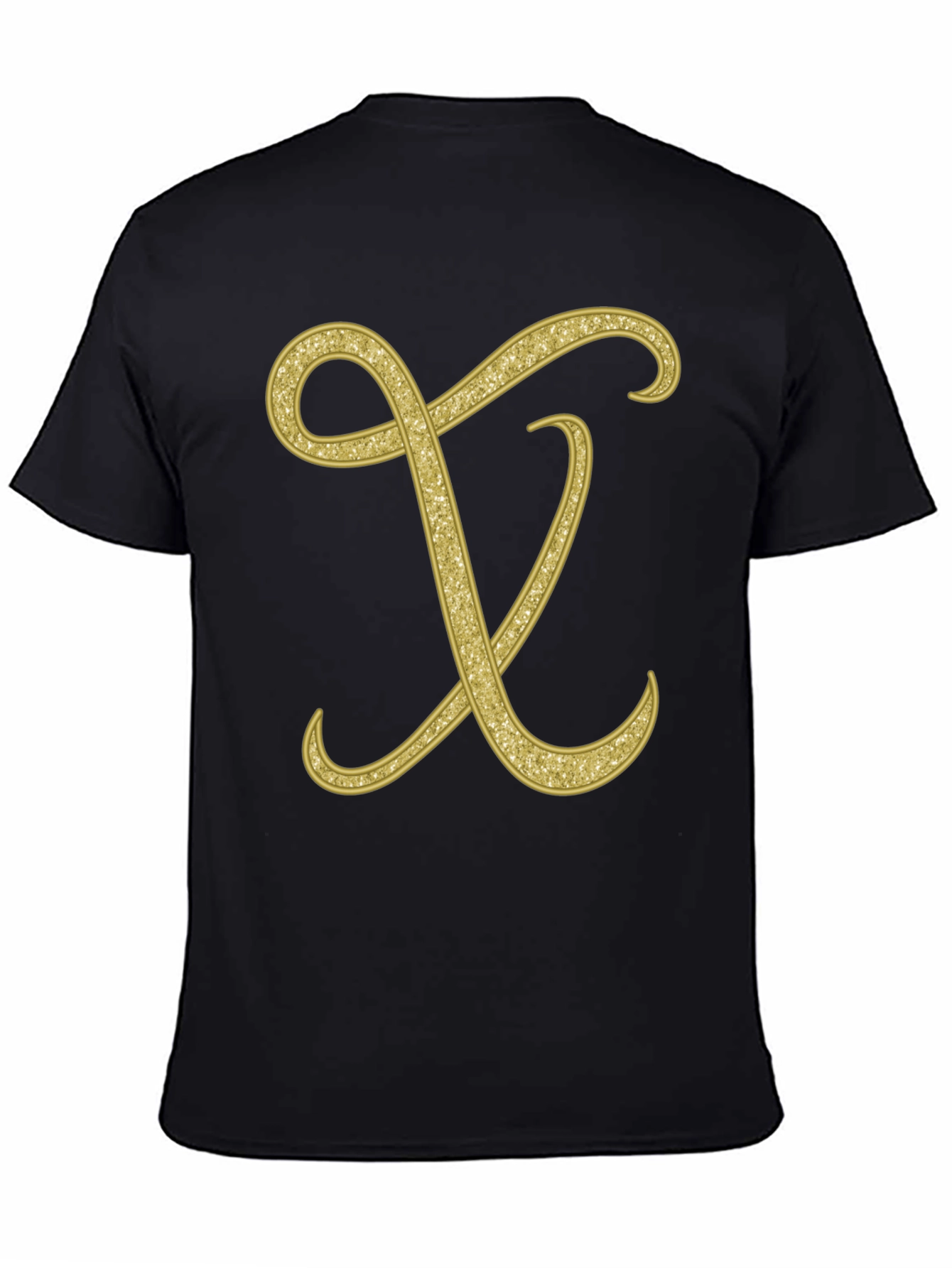 Elegant Initial X Glitter Print Black T-Shirt