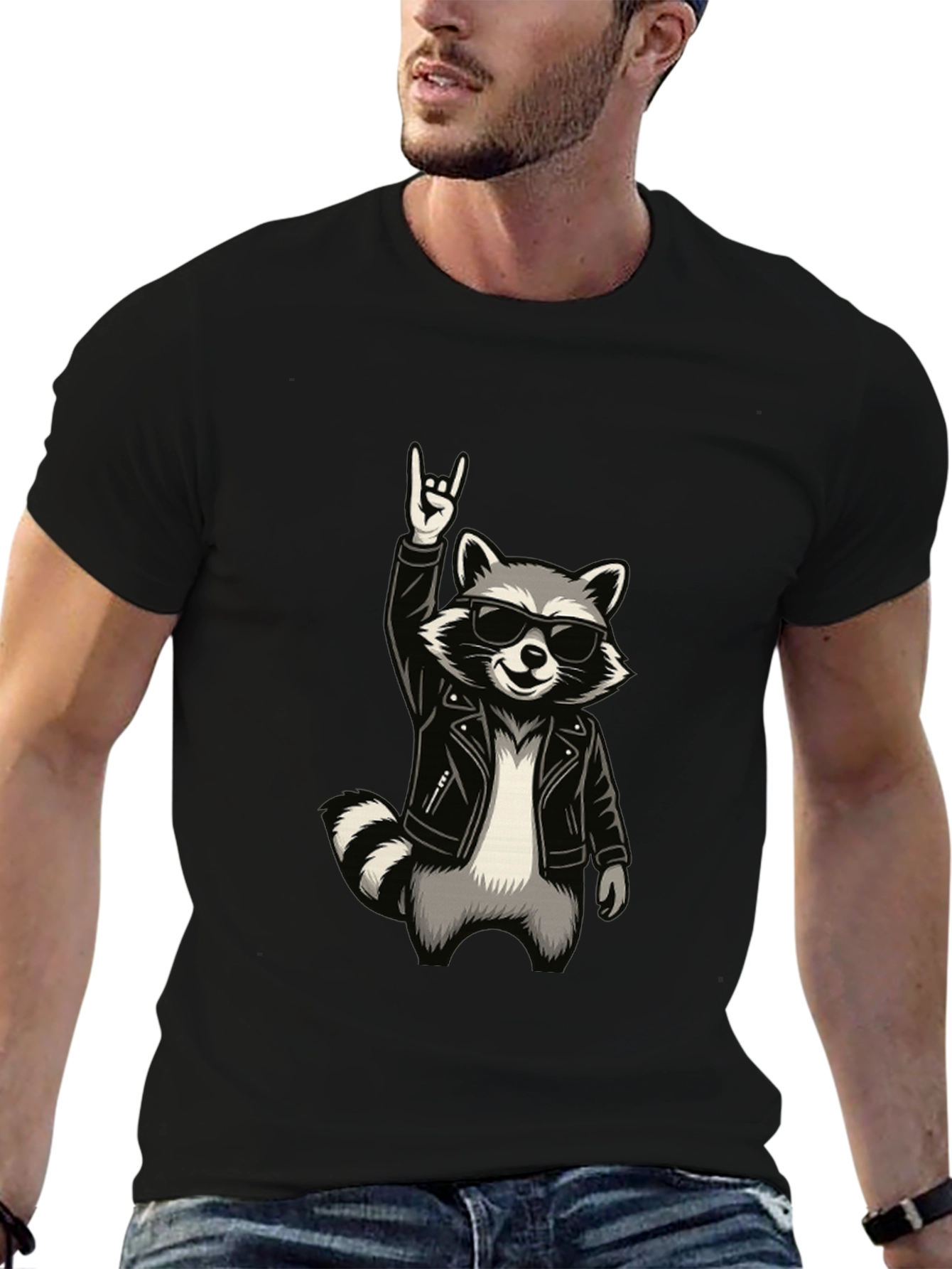 Cool Raccoon Rocker Graphic T-Shirt - Black