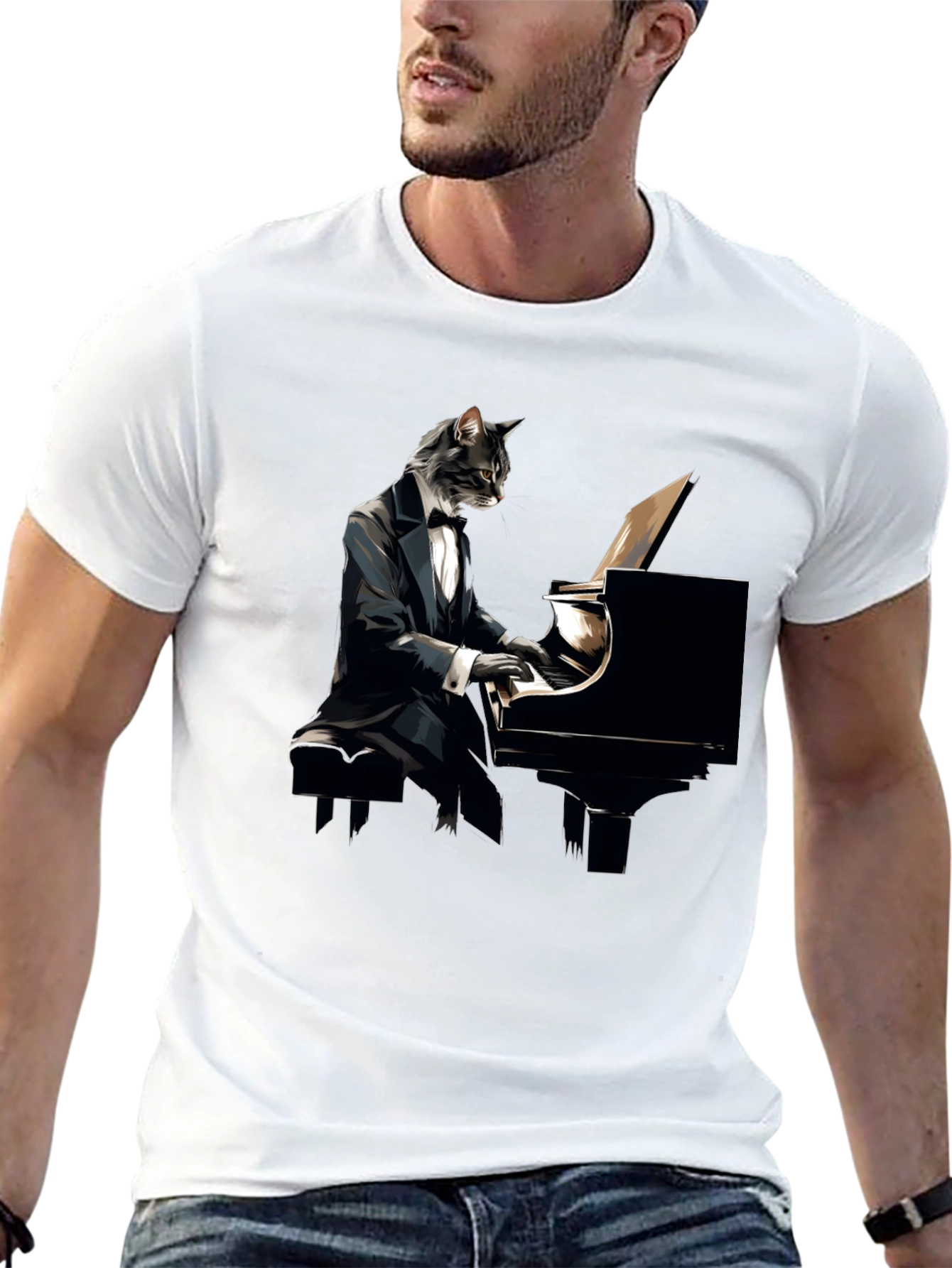 Cat Pianist Graphic Tee - Cool Musician Shirt