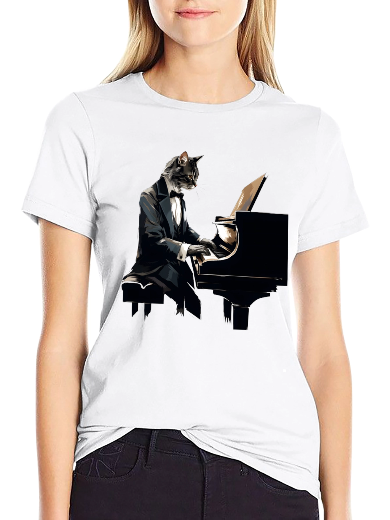 Cat Pianist Graphic Tee - Cool Musician Shirt