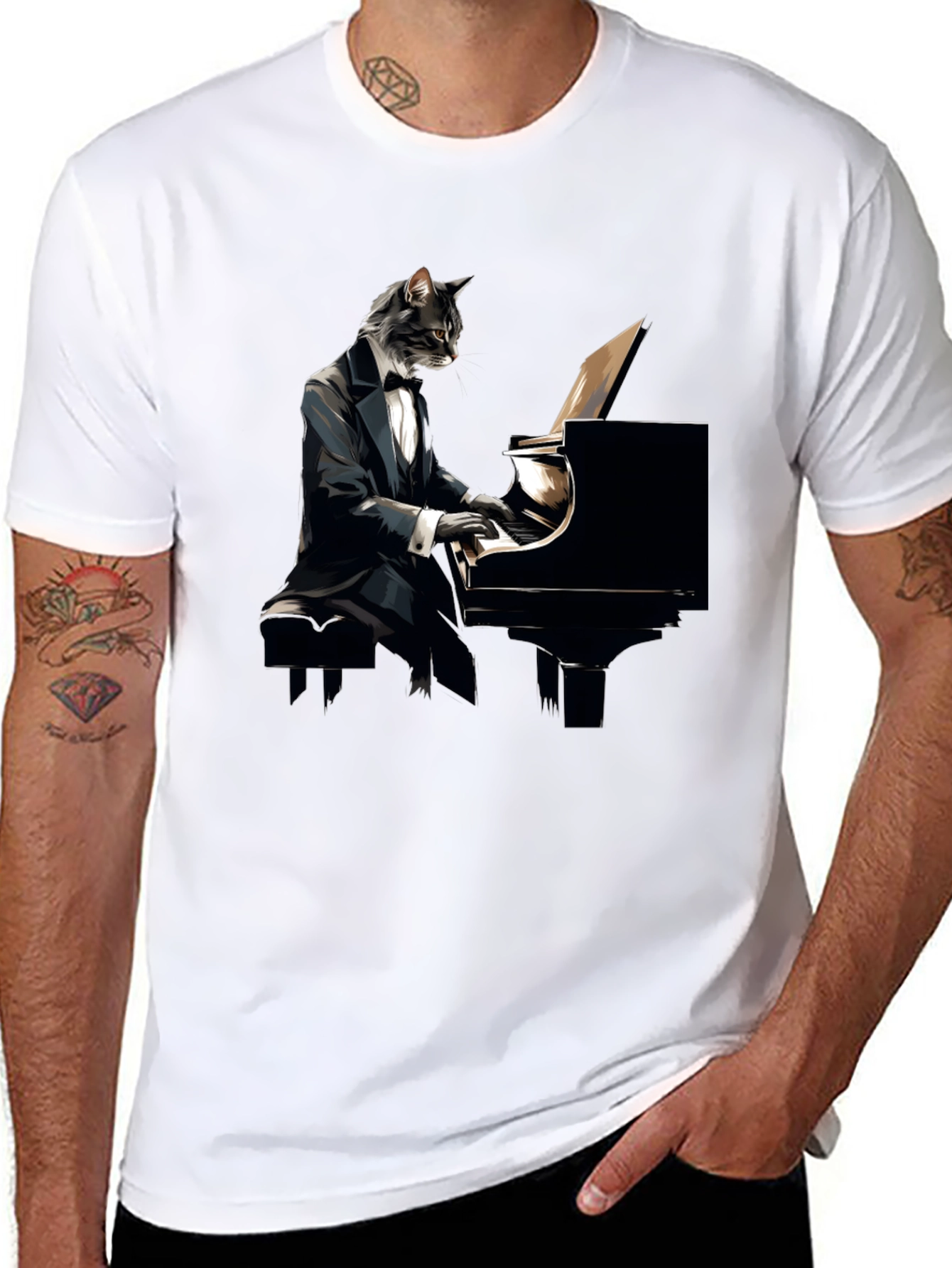Cat Pianist Graphic Tee - Cool Musician Shirt
