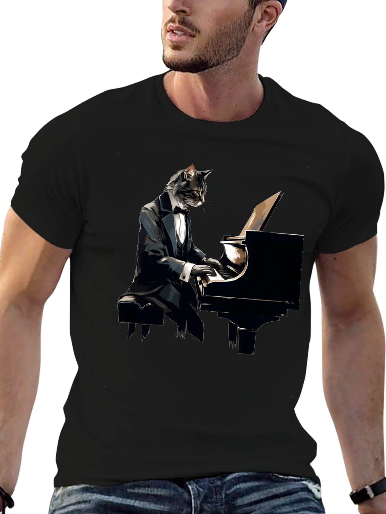 Cat Pianist Graphic Tee - Cool Musician Shirt