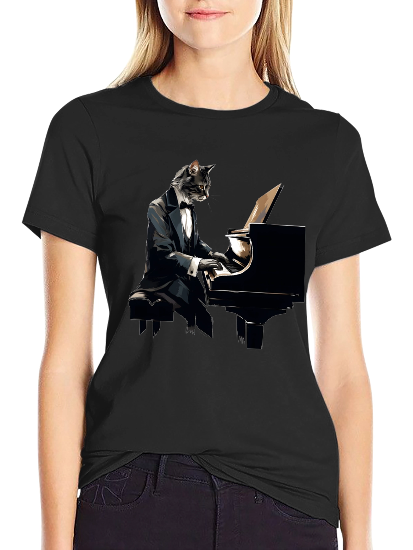Cat Pianist Graphic Tee - Cool Musician Shirt
