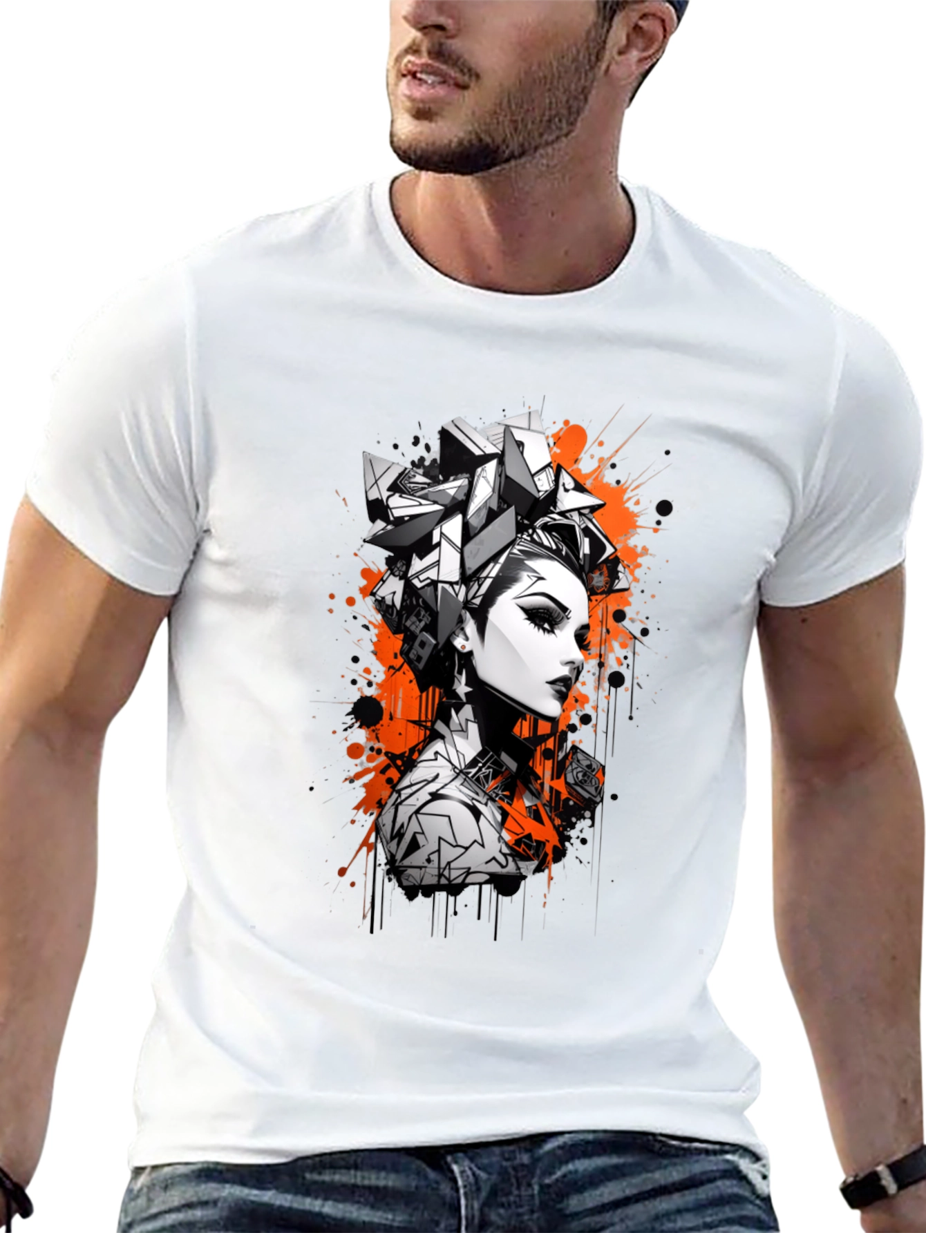 Edgy Graphic Print Tee - Geometric Hairstyle Design