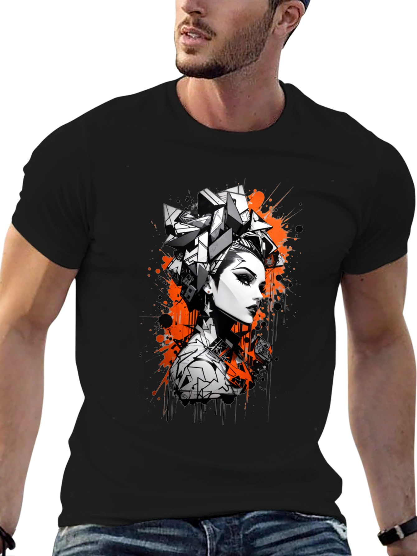 Edgy Graphic Print Tee - Geometric Hairstyle Design
