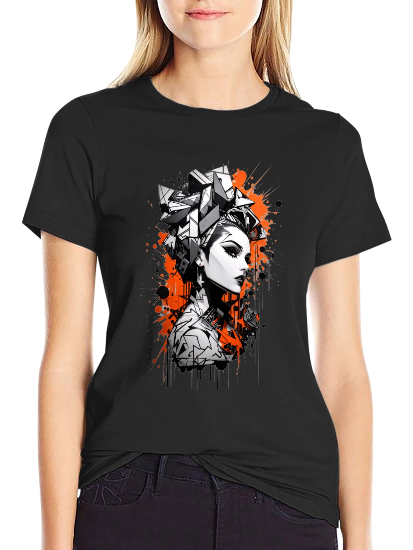 Edgy Graphic Print Tee - Geometric Hairstyle Design