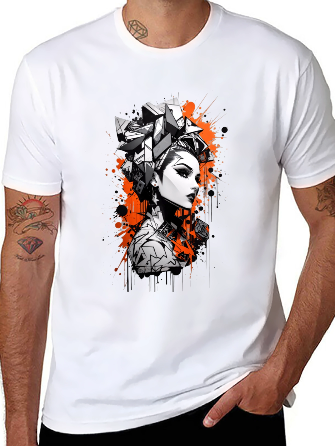 Edgy Graphic Print Tee - Geometric Hairstyle Design