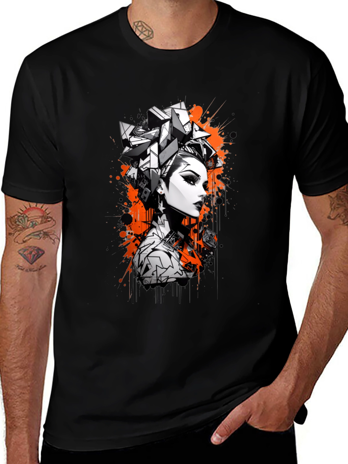Edgy Graphic Print Tee - Geometric Hairstyle Design