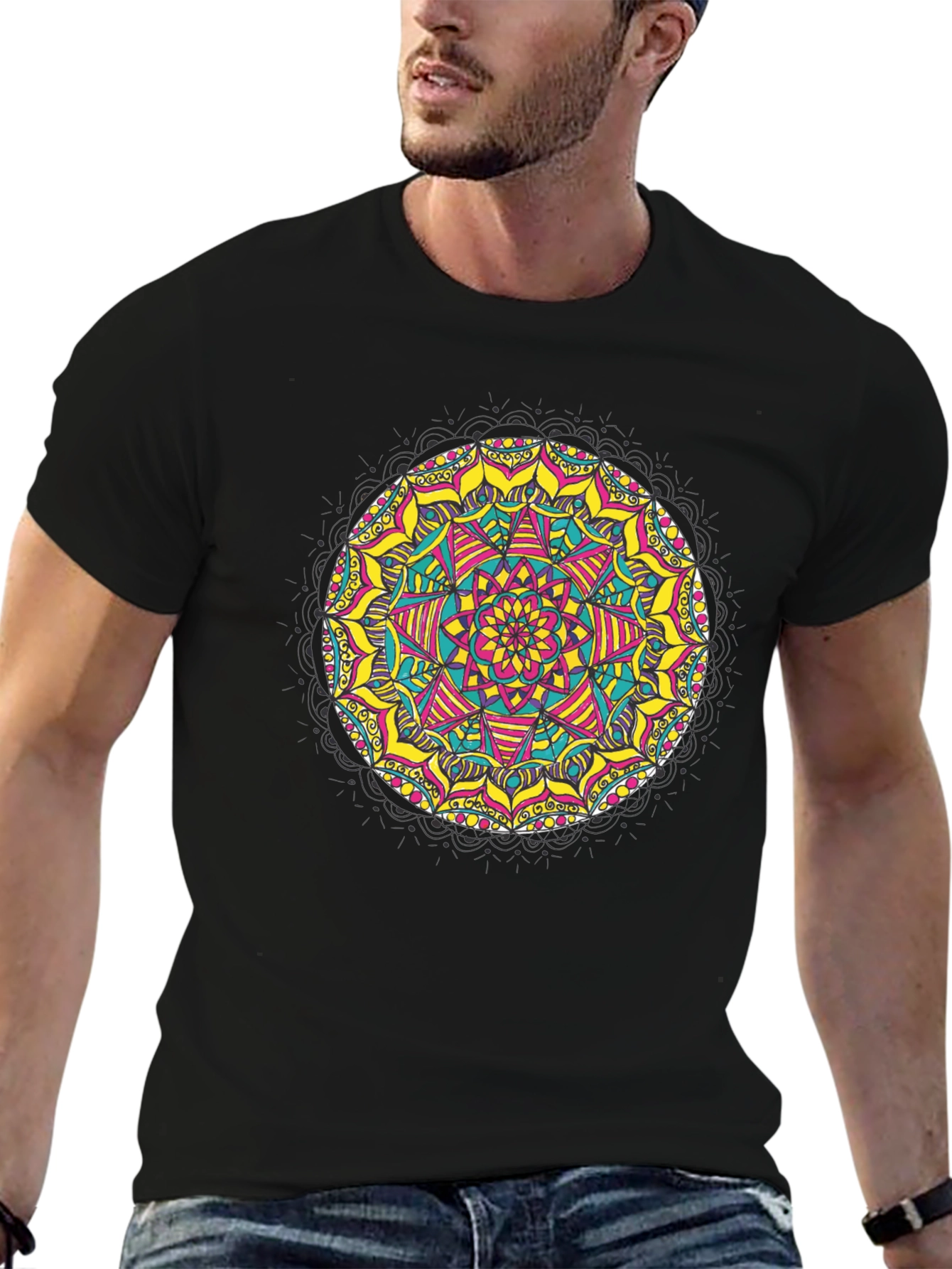Black Mandala T-Shirt - Vibrant Geometric Design