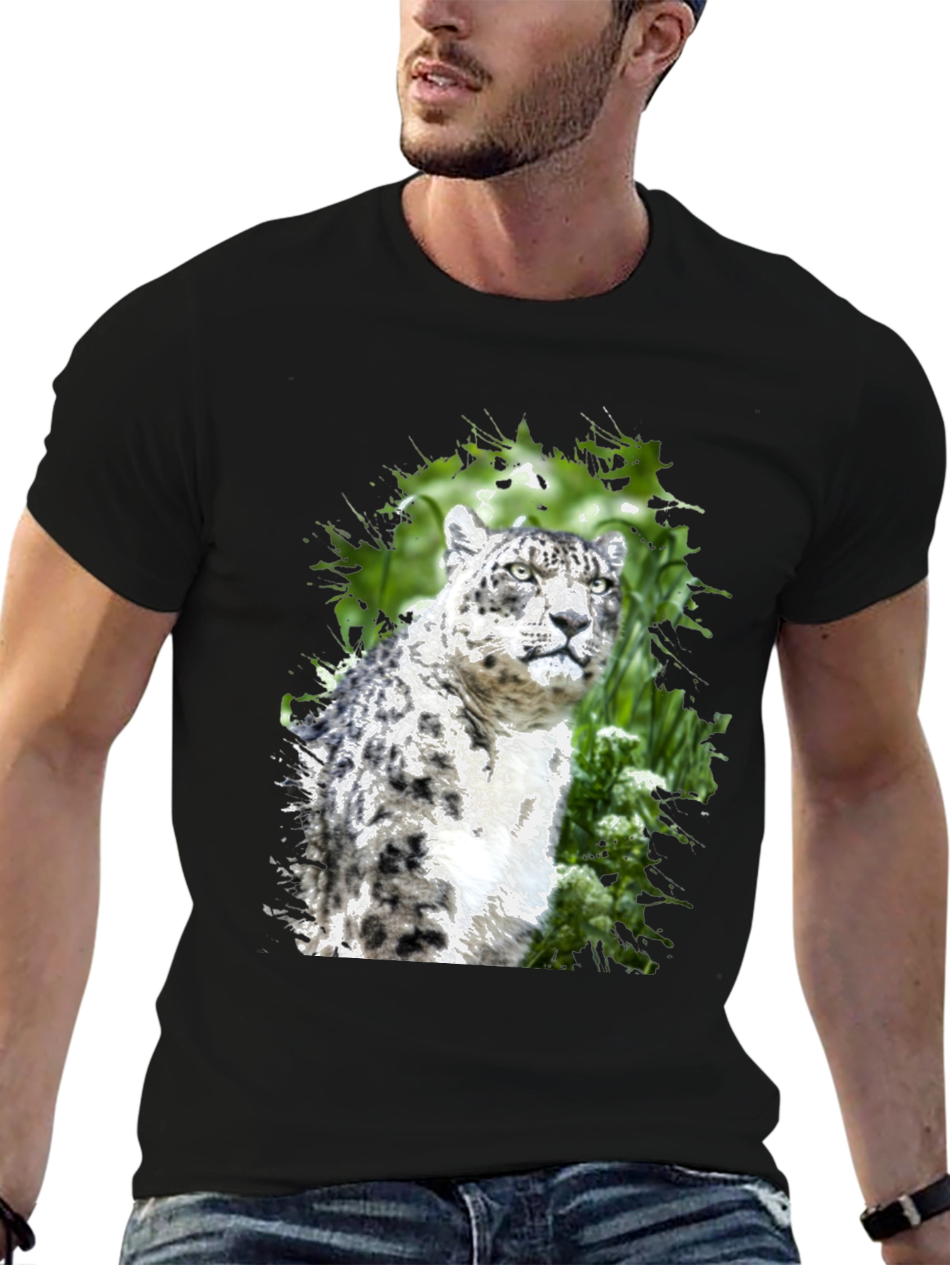 Snow Leopard Graphic Tee - Black Cotton Blend